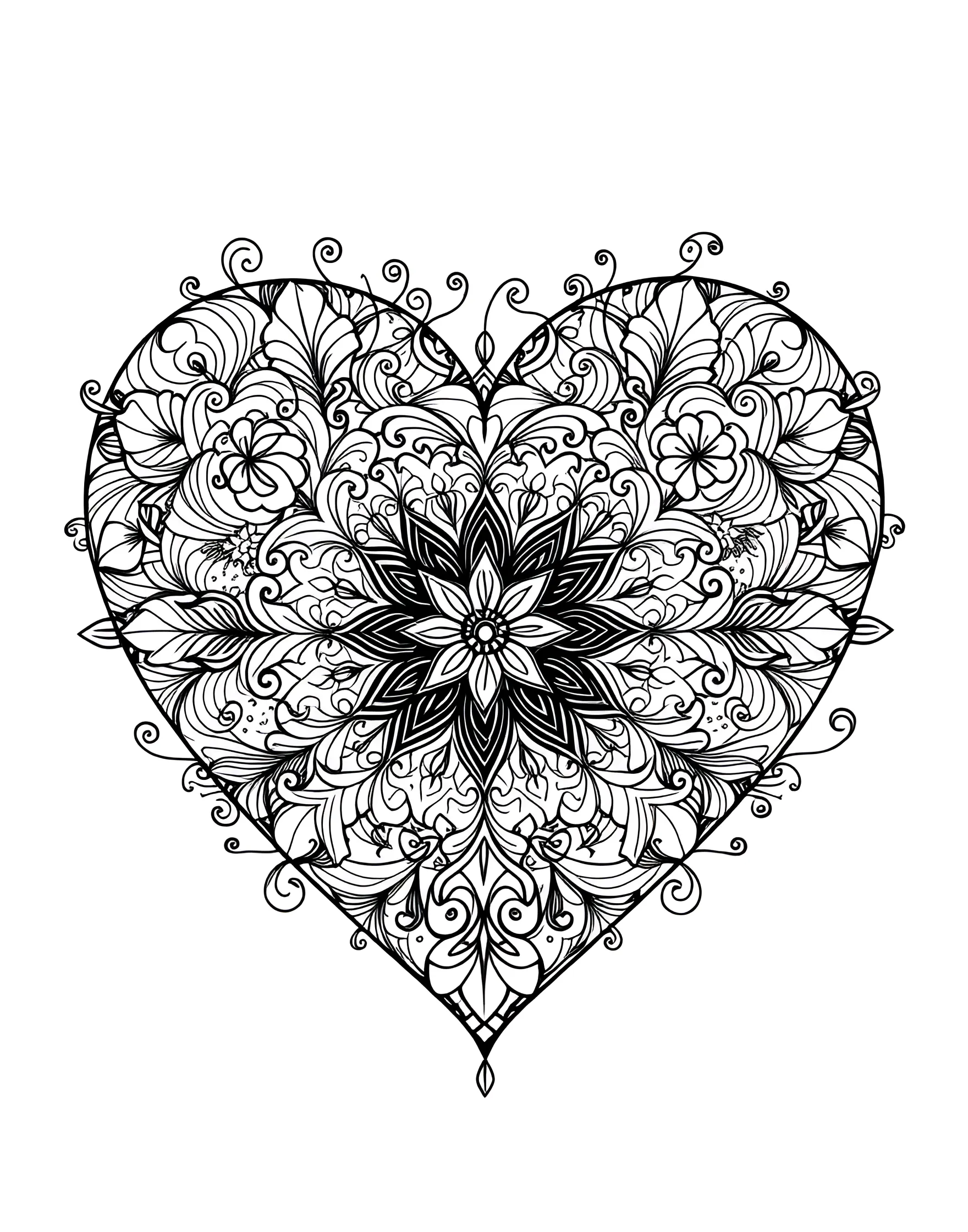 Zentangle Heart Coloring Page -- prompt: "A heart filled with various zentangle patterns and intricate doodles." -- This mesmerizing coloring page features a heart filled with various zentangle patterns, creating a captivating and detailed design. The intricate doodles and repetitive patterns offer a soothing and meditative coloring experience. It's an excellent choice for adults looking for a stress-relieving artistic activity or anyone who enjoys precise, pattern-based designs.