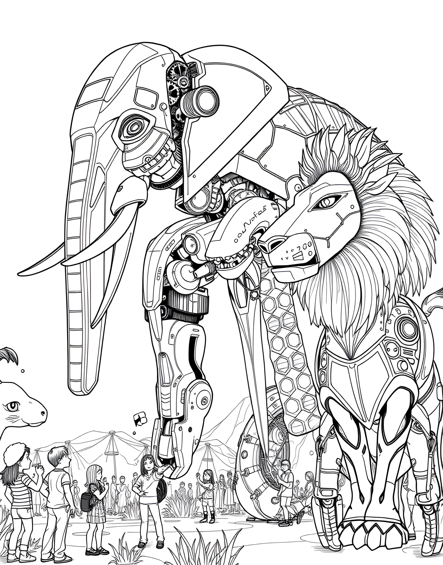 Robotic Zoo Coloring Page -- prompt: "A zoo filled with robotic animals, including a mechanical elephant, giraffe, and lion, with visitors watching in awe." -- Step into a world where nature meets technology with this robotic zoo coloring page. Mechanical versions of various animals roam their enclosures, showcasing the wonders of robotics. This unique page allows boys to explore their love for both animals and machines through coloring.