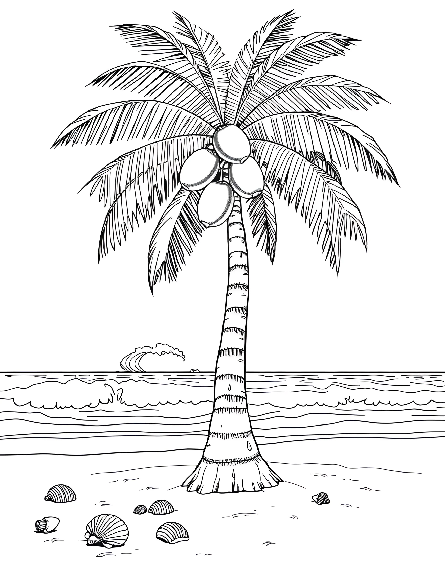 Coconut Coast Coloring Page -- prompt: "A coconut palm tree on a beach with coconuts and waves in the background." -- Transport yourself to a tropical beach with this coconut-themed coloring page. A palm tree laden with coconuts stands tall against a background of rolling waves and a setting sun. Half-opened coconuts on the sand reveal their refreshing interior, ready to be colored.