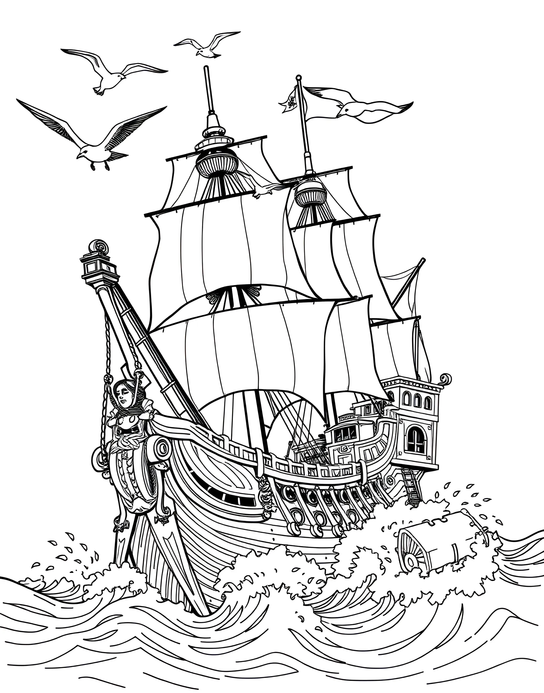 Pirate Ship at Sea Coloring Page -- prompt: "A majestic pirate ship with full sails, sailing on a choppy sea with seagulls in the sky." -- Set sail on a grand adventure with this detailed pirate ship coloring page. The mighty vessel, complete with billowing sails and cannon ports, rides the waves of a vast ocean. This page is perfect for those who love intricate designs and nautical themes.