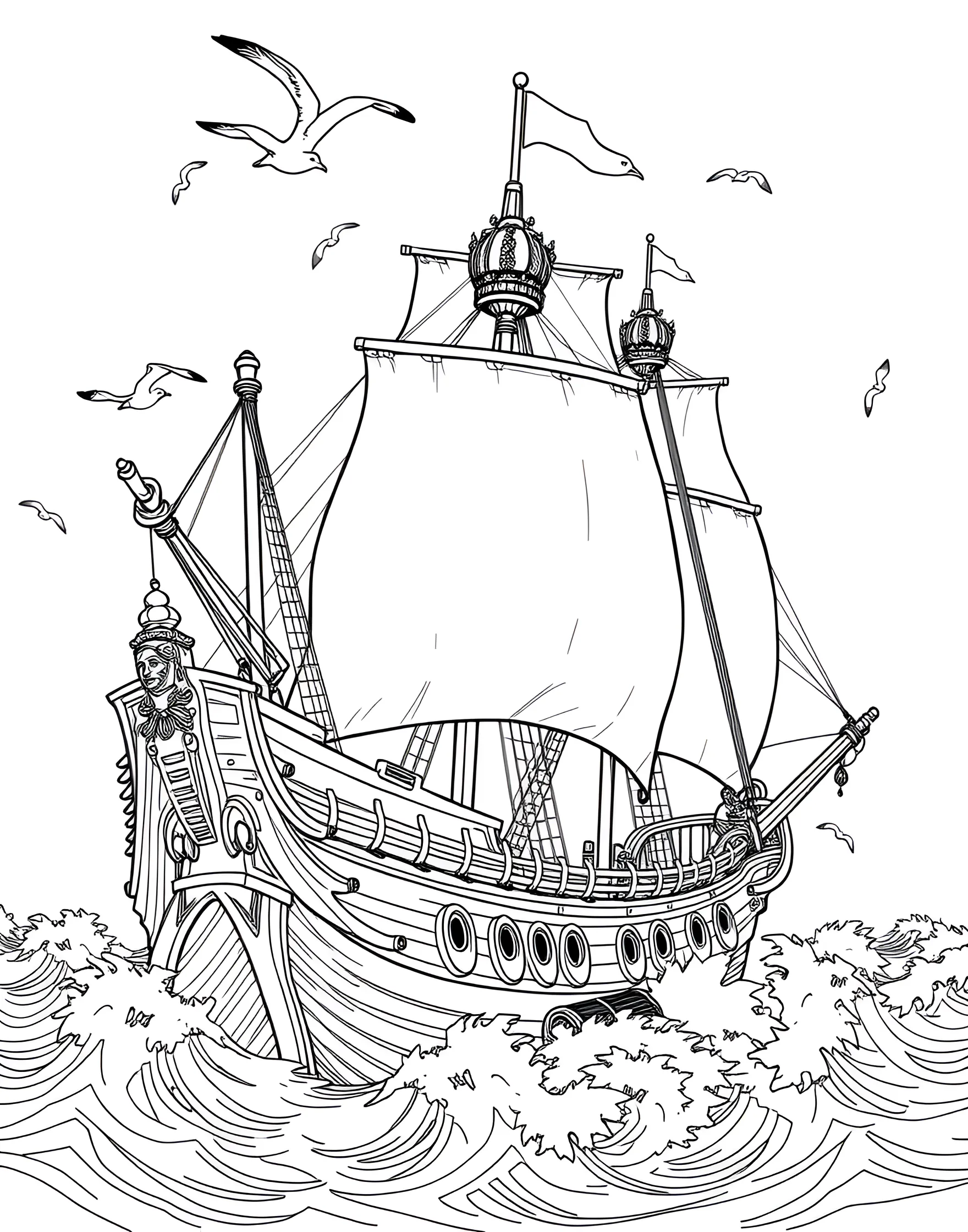 Pirate Ship at Sea Coloring Page -- prompt: "A majestic pirate ship with full sails, sailing on a choppy sea with seagulls in the sky." -- Set sail on a grand adventure with this detailed pirate ship coloring page. The mighty vessel, complete with billowing sails and cannon ports, rides the waves of a vast ocean. This page is perfect for those who love intricate designs and nautical themes.