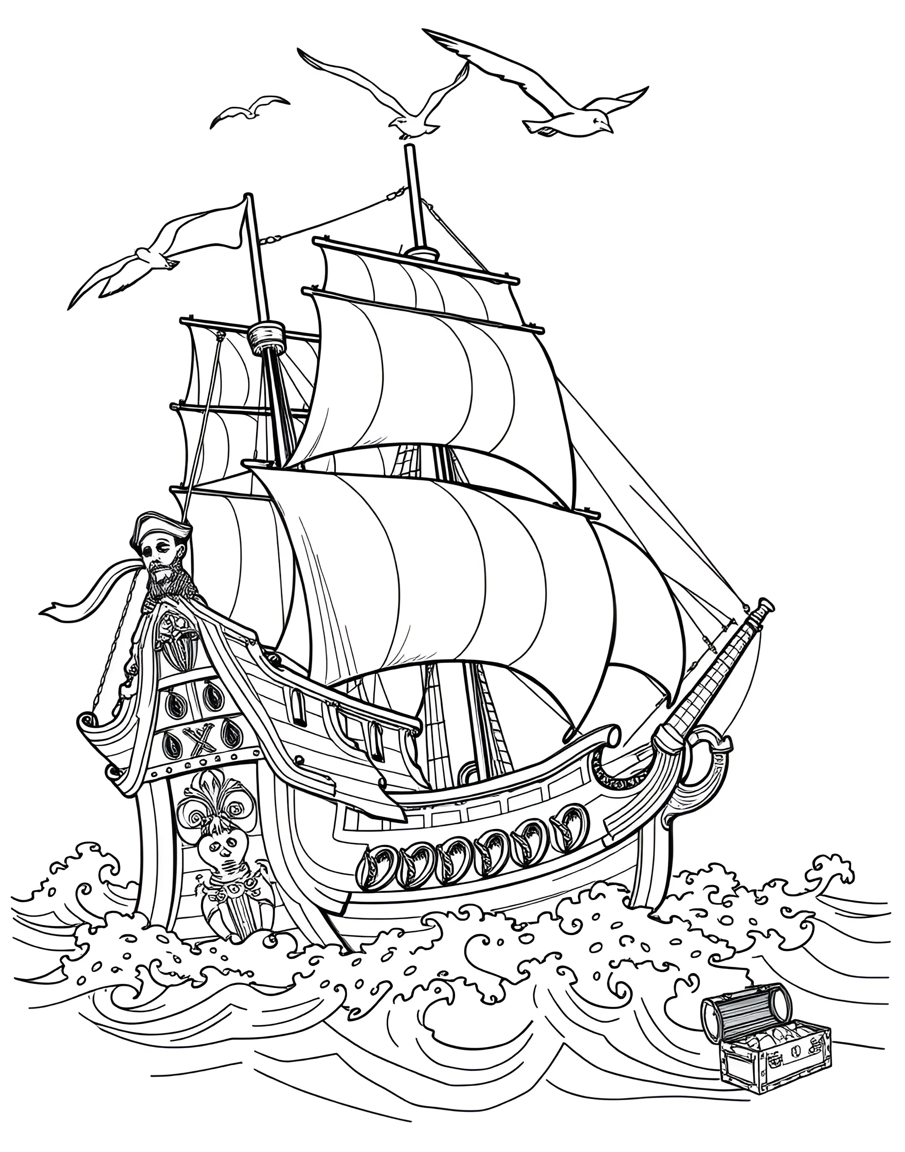 Pirate Ship at Sea Coloring Page -- prompt: "A majestic pirate ship with full sails, sailing on a choppy sea with seagulls in the sky." -- Set sail on a grand adventure with this detailed pirate ship coloring page. The mighty vessel, complete with billowing sails and cannon ports, rides the waves of a vast ocean. This page is perfect for those who love intricate designs and nautical themes.