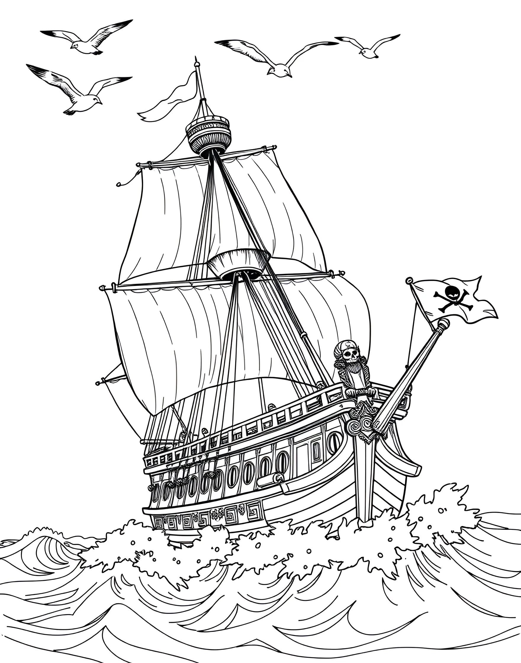 Pirate Ship at Sea Coloring Page -- prompt: "A majestic pirate ship with full sails, sailing on a choppy sea with seagulls in the sky." -- Set sail on a grand adventure with this detailed pirate ship coloring page. The mighty vessel, complete with billowing sails and cannon ports, rides the waves of a vast ocean. This page is perfect for those who love intricate designs and nautical themes.