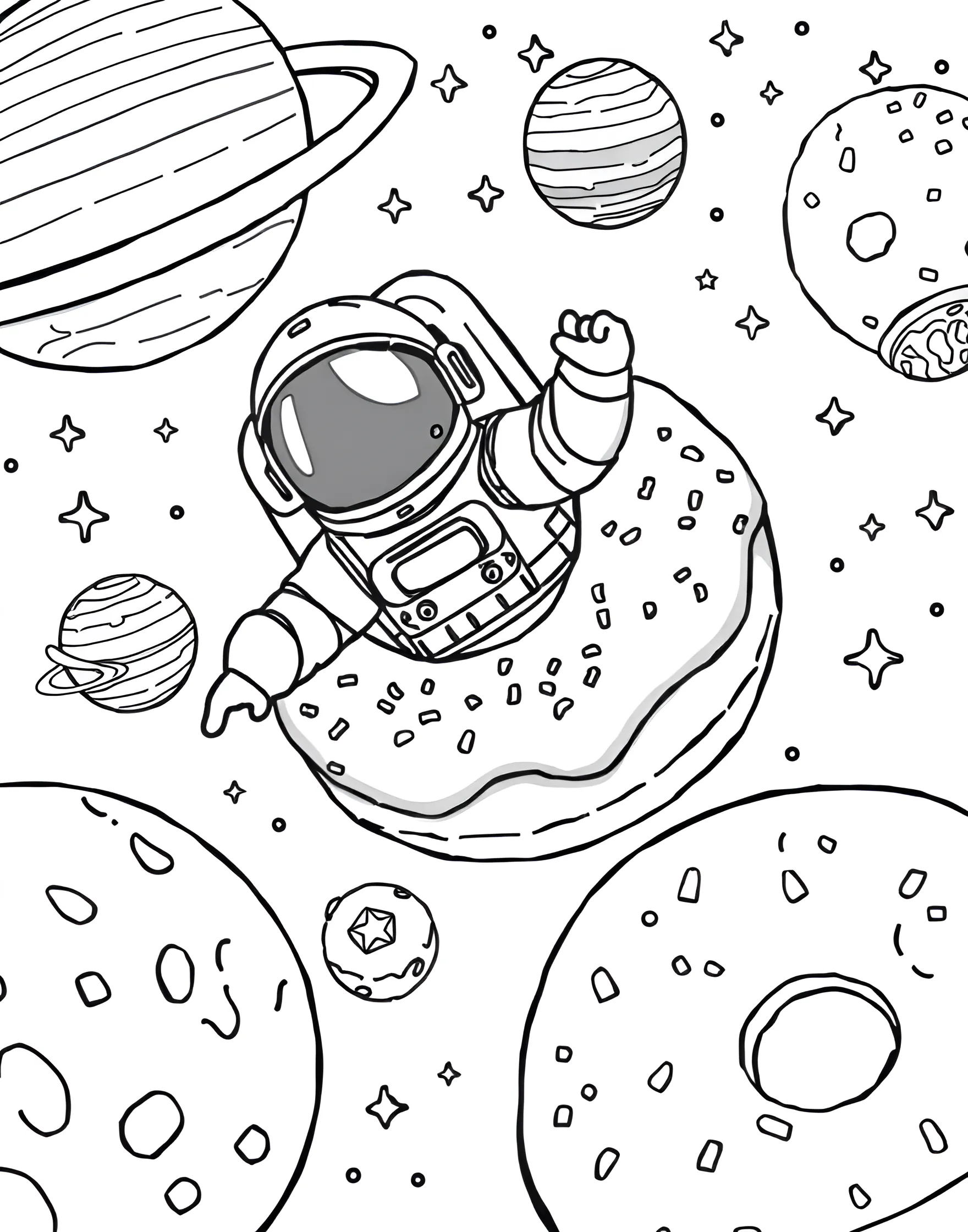 Donut Space Explorer Coloring Page -- prompt: "An astronaut donut floating in space surrounded by planet donuts and star sprinkles." -- Blast off into a galaxy of flavor with this donut space explorer coloring page. An astronaut donut floats in space, surrounded by planet donuts and star-shaped sprinkles. It's an out-of-this-world page that combines cosmic wonder with sweet treats.