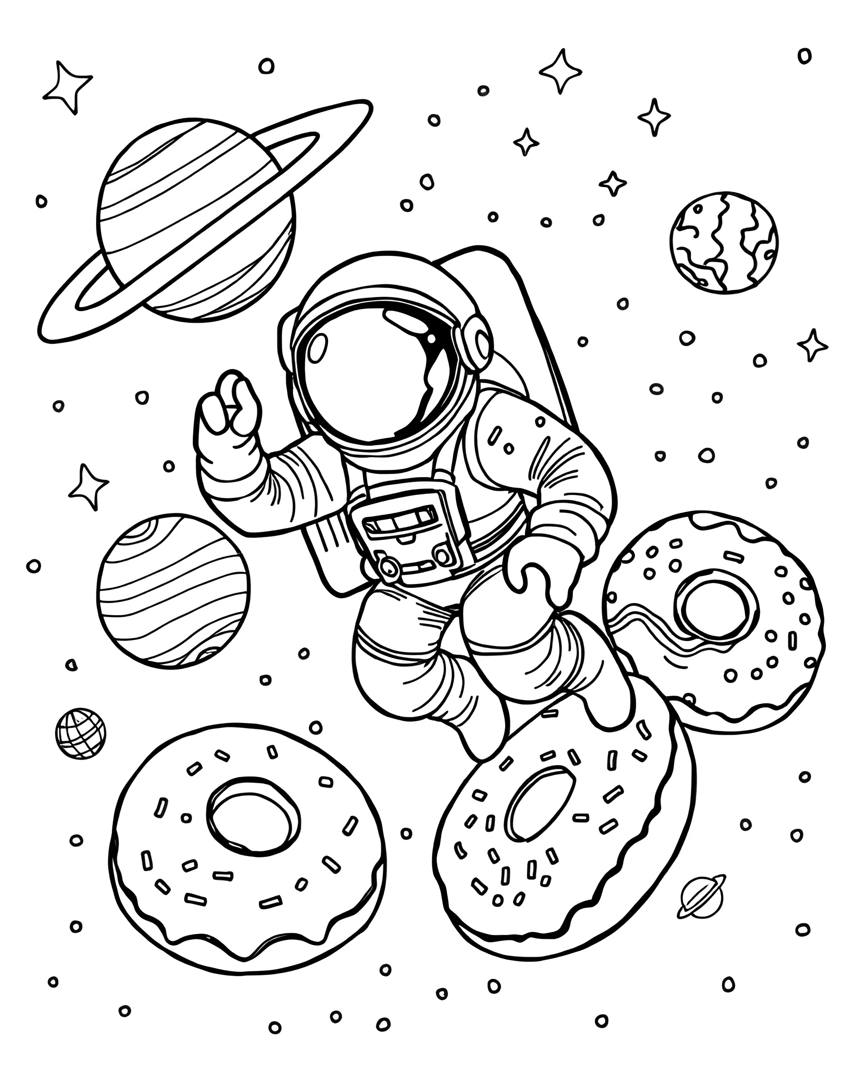 Donut Space Explorer Coloring Page -- prompt: "An astronaut donut floating in space surrounded by planet donuts and star sprinkles." -- Blast off into a galaxy of flavor with this donut space explorer coloring page. An astronaut donut floats in space, surrounded by planet donuts and star-shaped sprinkles. It's an out-of-this-world page that combines cosmic wonder with sweet treats.