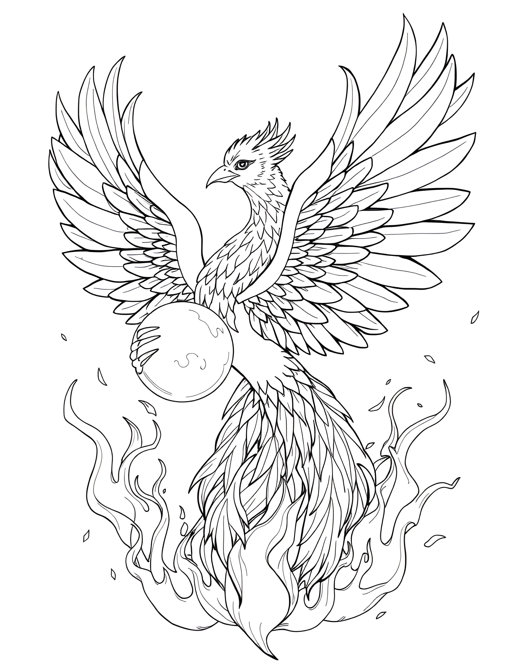 Rainbow Phoenix Coloring Page -- prompt: "A phoenix with wings spread wide, its feathers and flames glowing with rainbow colors." -- Rise from the ashes with this majestic rainbow phoenix design. The flowing feathers and flames offer a dynamic coloring experience. It's perfect for those who love mythical creatures and symbolic rebirth themes.