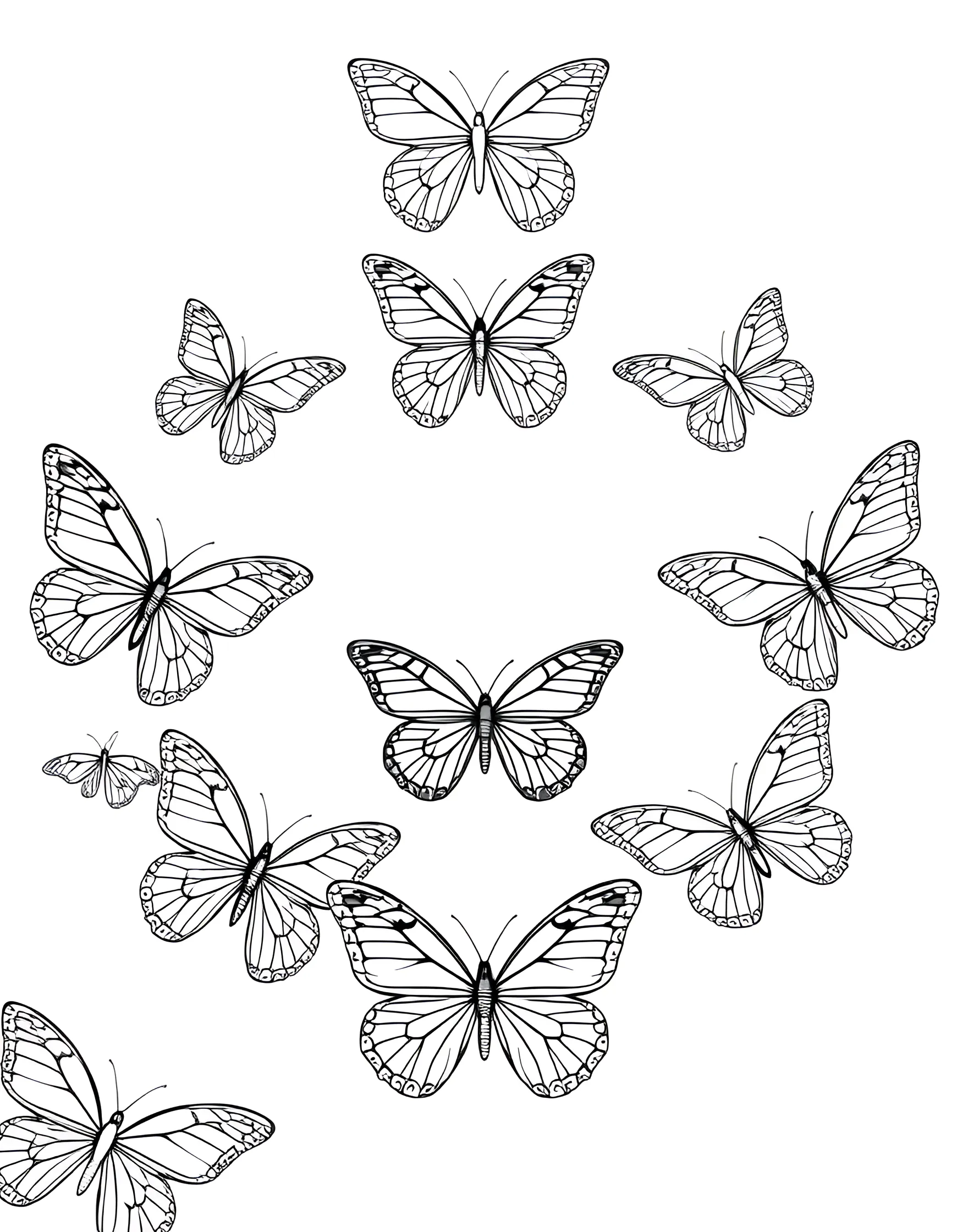 Rainbow Butterfly Wing Patterns Coloring Page -- prompt: "A collection of detailed butterfly wing patterns arranged for rainbow coloring." -- Discover the intricate beauty of nature with this detailed rainbow butterfly wing patterns coloring page. The page features various butterfly wing designs, each showcasing different patterns that can be colored in rainbow hues. This page is perfect for nature lovers and those who enjoy detailed coloring.