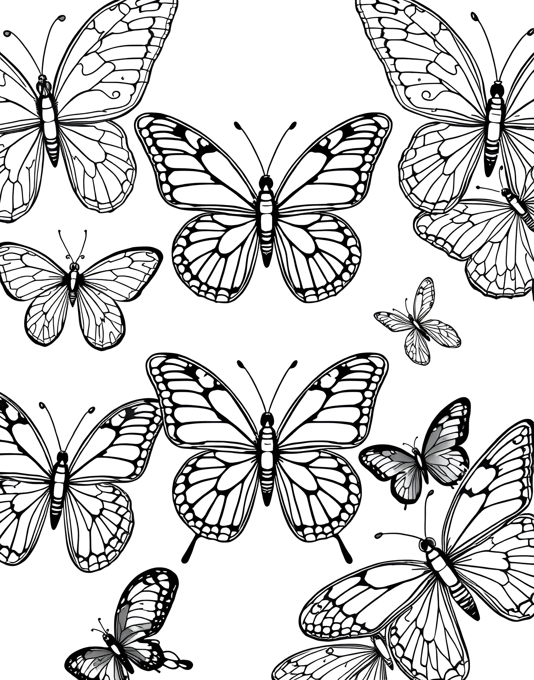 Rainbow Butterfly Wing Patterns Coloring Page -- prompt: "A collection of detailed butterfly wing patterns arranged for rainbow coloring." -- Discover the intricate beauty of nature with this detailed rainbow butterfly wing patterns coloring page. The page features various butterfly wing designs, each showcasing different patterns that can be colored in rainbow hues. This page is perfect for nature lovers and those who enjoy detailed coloring.