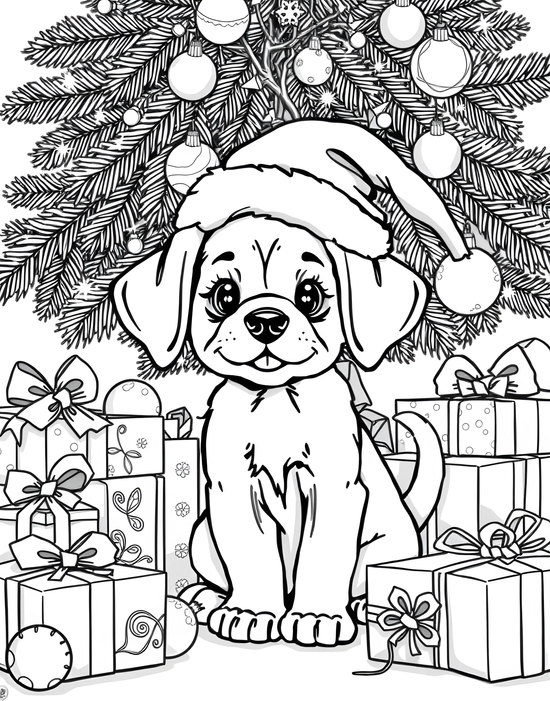 Puppy's First Christmas Coloring Page -- prompt: "A puppy wearing a Santa hat, sitting among Christmas presents and decorations under a Christmas tree." -- This festive coloring page features an excited puppy amidst Christmas decorations. The pup is wearing a small Santa hat and is surrounded by ornaments, presents, and twinkling lights. It's a perfect page for holiday-themed coloring and capturing the magic of a puppy's first Christmas.