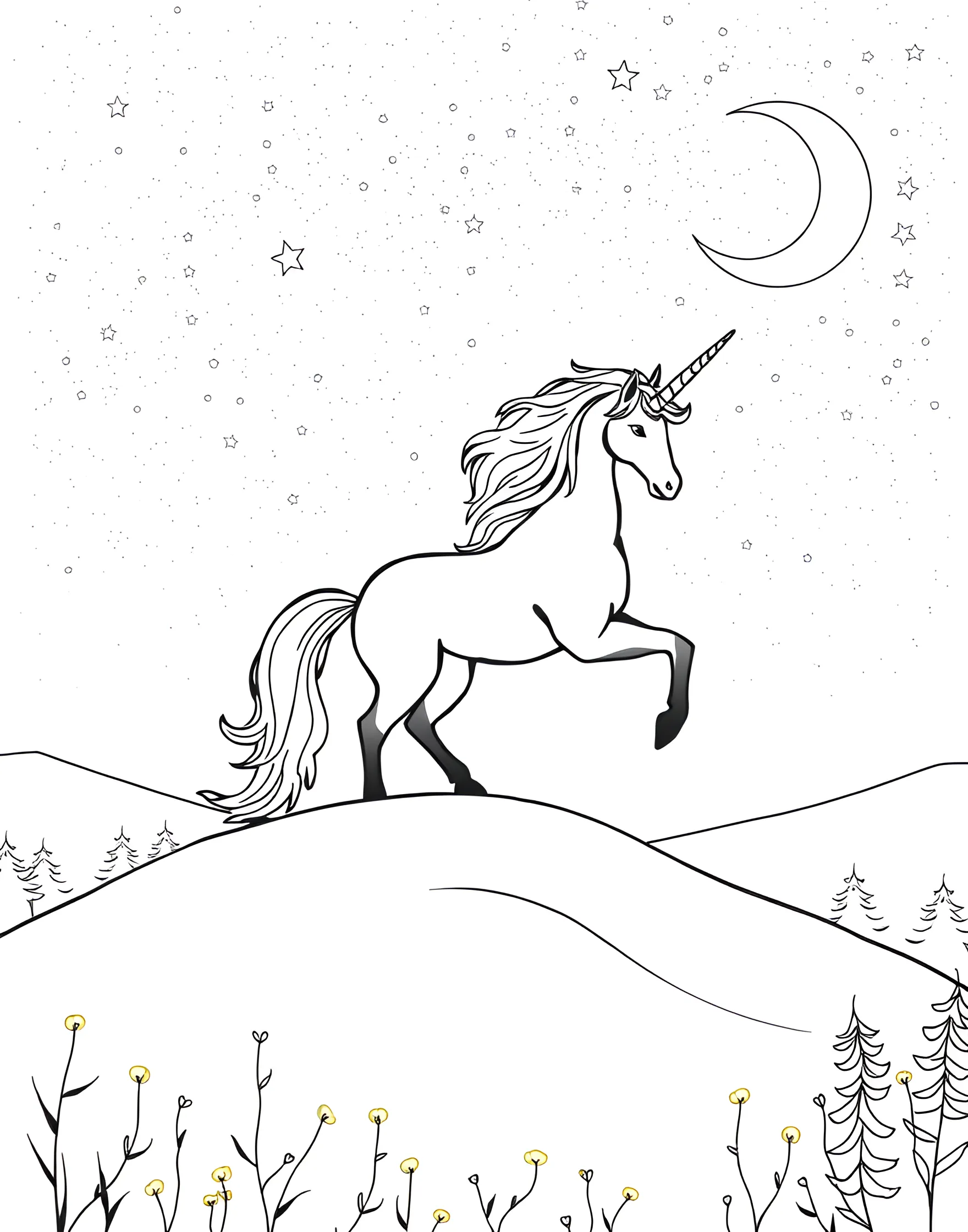 Unicorn under the Stars Coloring Page -- prompt: "A unicorn silhouette standing on a hill, looking up at a starry night sky." -- This serene coloring page depicts a unicorn gazing at a star-filled night sky. The unicorn's silhouette against the starry background creates a peaceful and dreamy atmosphere. It's a perfect page for those who enjoy adding sparkle and shine to their coloring creations.