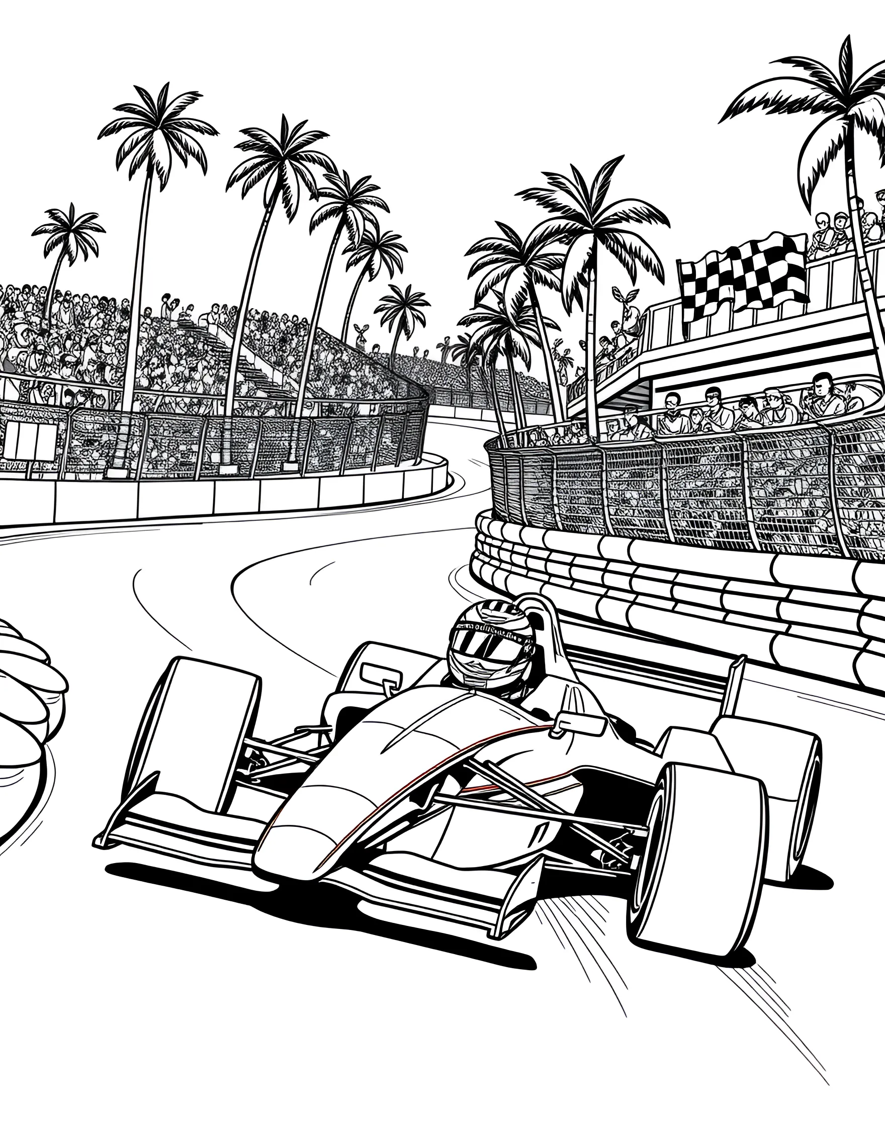 Race Car Speedway Coloring Page -- prompt: "A race car speeding around a curved track with cheering crowds in the stands." -- Feel the rush of excitement with this high-speed race car coloring page. A sleek racing car zooms around a curved track, ready to cross the finish line. Boys who love vehicles and speed will be thrilled to color in every detail of this action-packed scene.