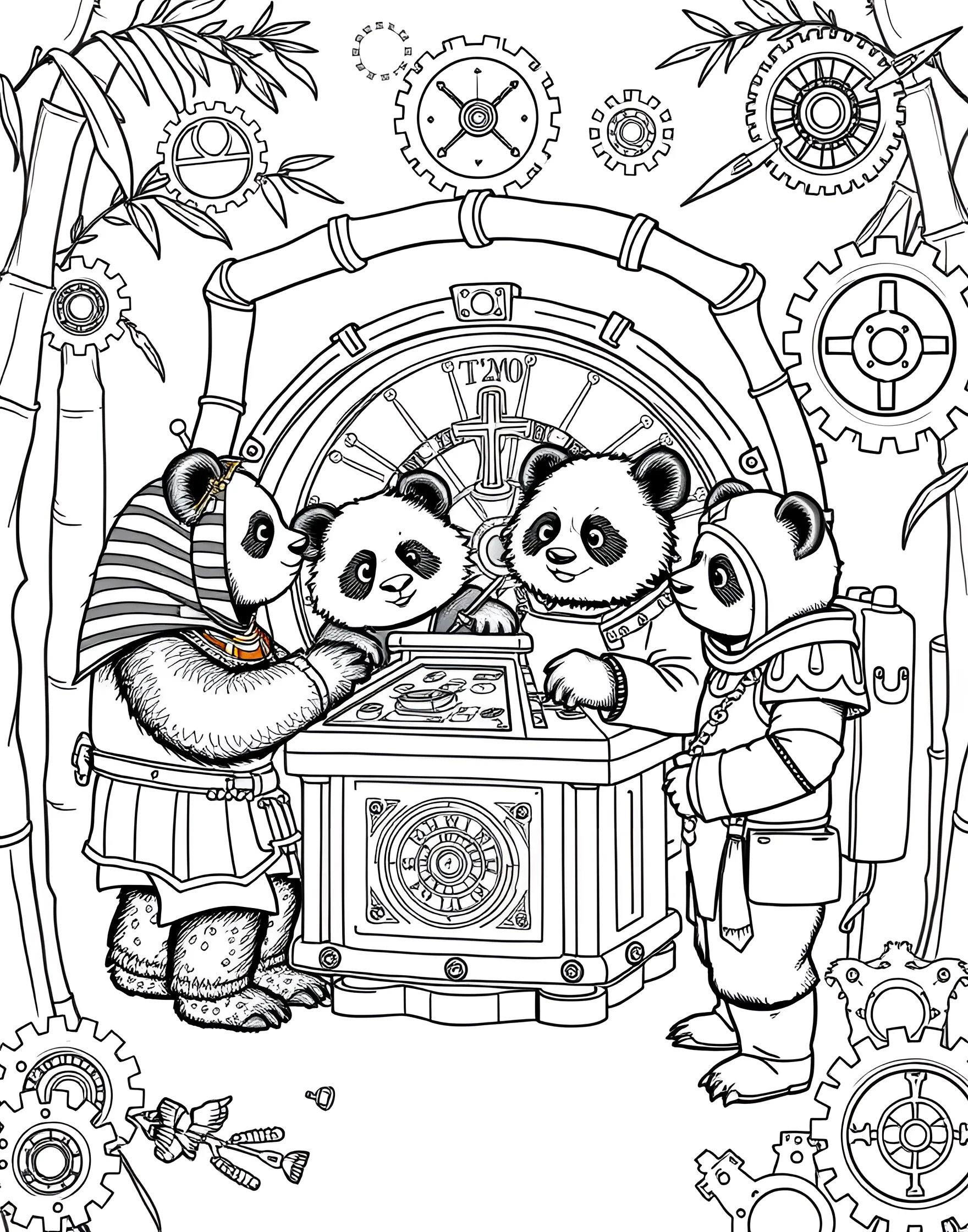 Panda's Bamboo Time Machine Coloring Page -- prompt: "Pandas with a bamboo time machine, surrounded by pandas dressed in different historical costumes." -- Travel through time with pandas in this imaginative coloring page. A time machine constructed from bamboo stalks and leaves stands ready for adventure. Pandas in various historical costumes, from cavepanda to future space panda, surround the marvelous invention.