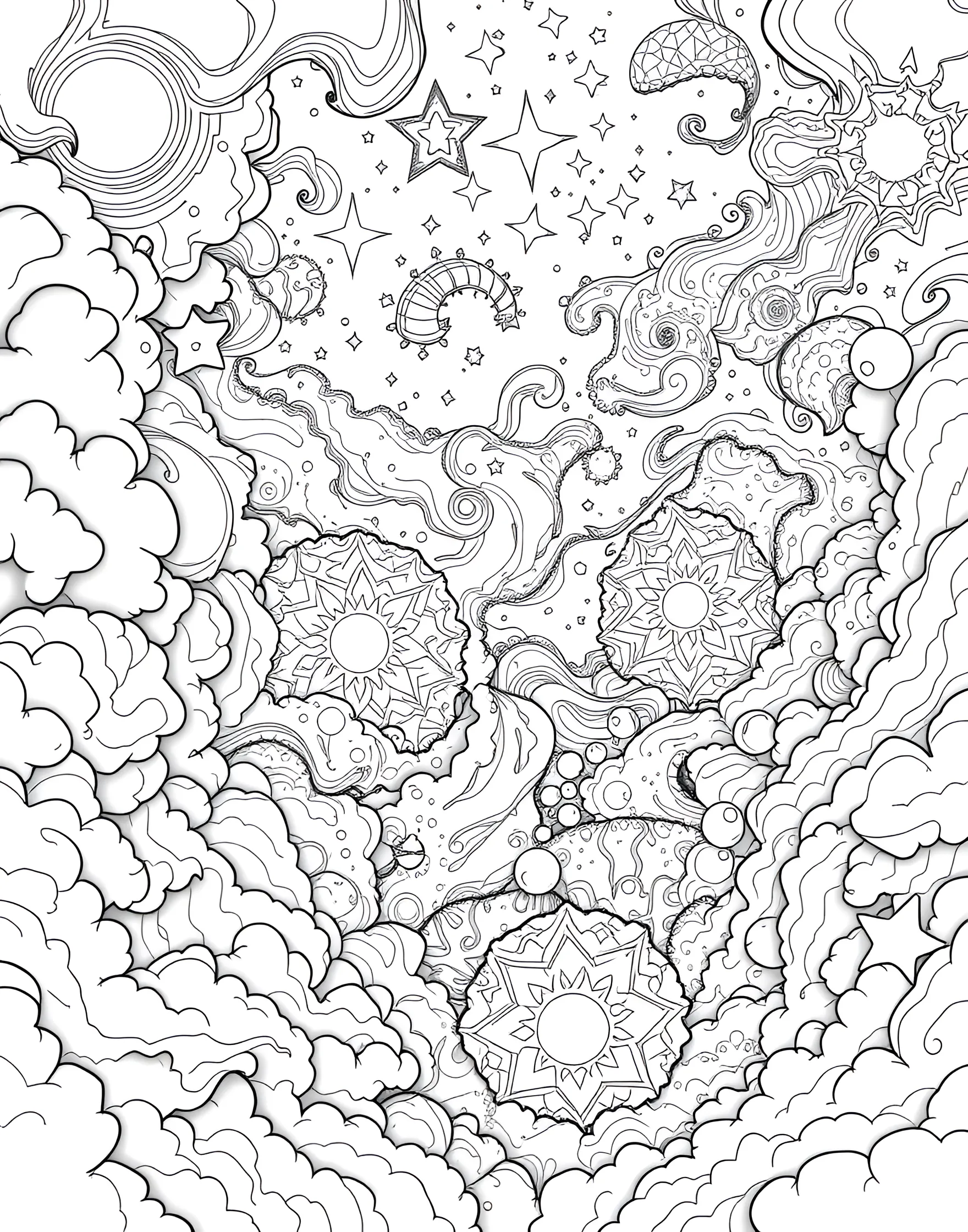 Stellar Nursery Wonder Coloring Page -- prompt: "A stellar nursery filled with gas clouds and newly formed stars, showcasing the process of star formation." -- Peer into the birthplace of stars with this stellar nursery coloring page. The scene is filled with swirling clouds of gas and dust, punctuated by bright, newly formed stars. This page offers a glimpse into the cosmic cycle of star formation and the beauty of stellar evolution.