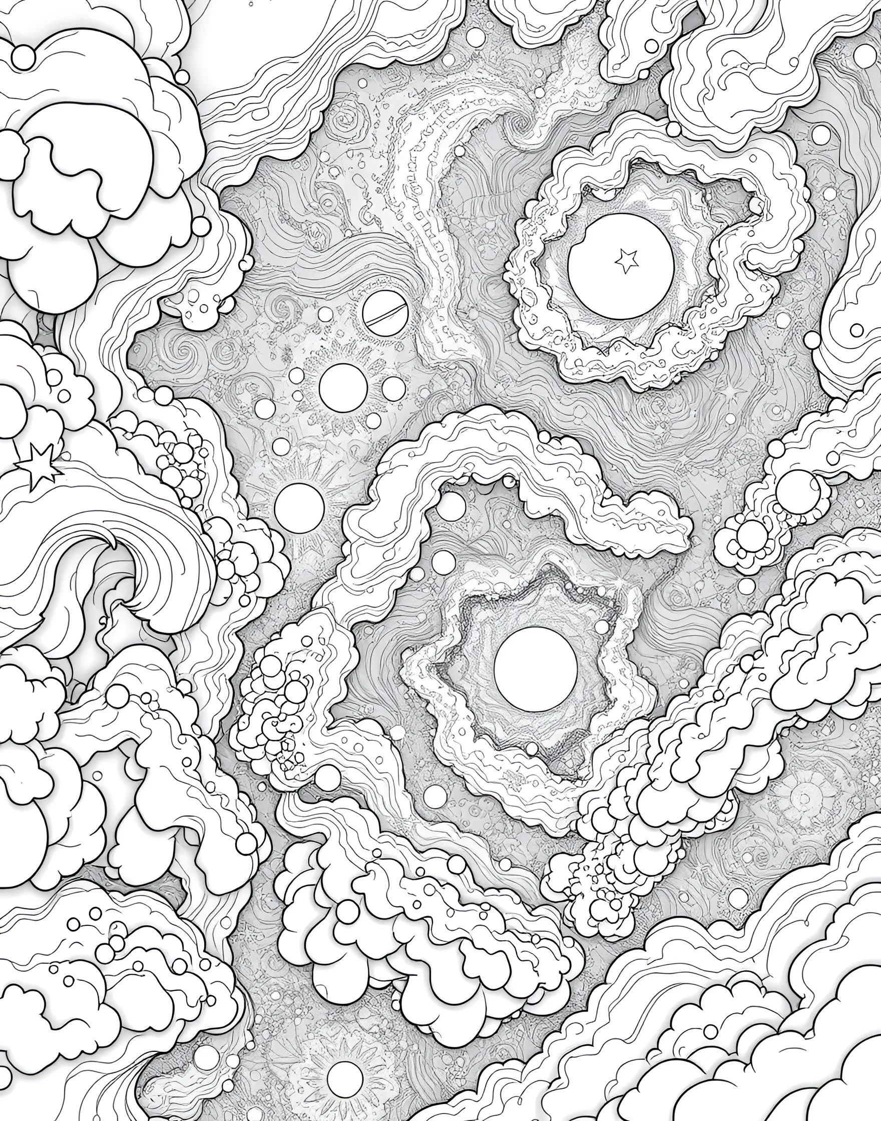 Stellar Nursery Wonder Coloring Page -- prompt: "A stellar nursery filled with gas clouds and newly formed stars, showcasing the process of star formation." -- Peer into the birthplace of stars with this stellar nursery coloring page. The scene is filled with swirling clouds of gas and dust, punctuated by bright, newly formed stars. This page offers a glimpse into the cosmic cycle of star formation and the beauty of stellar evolution.