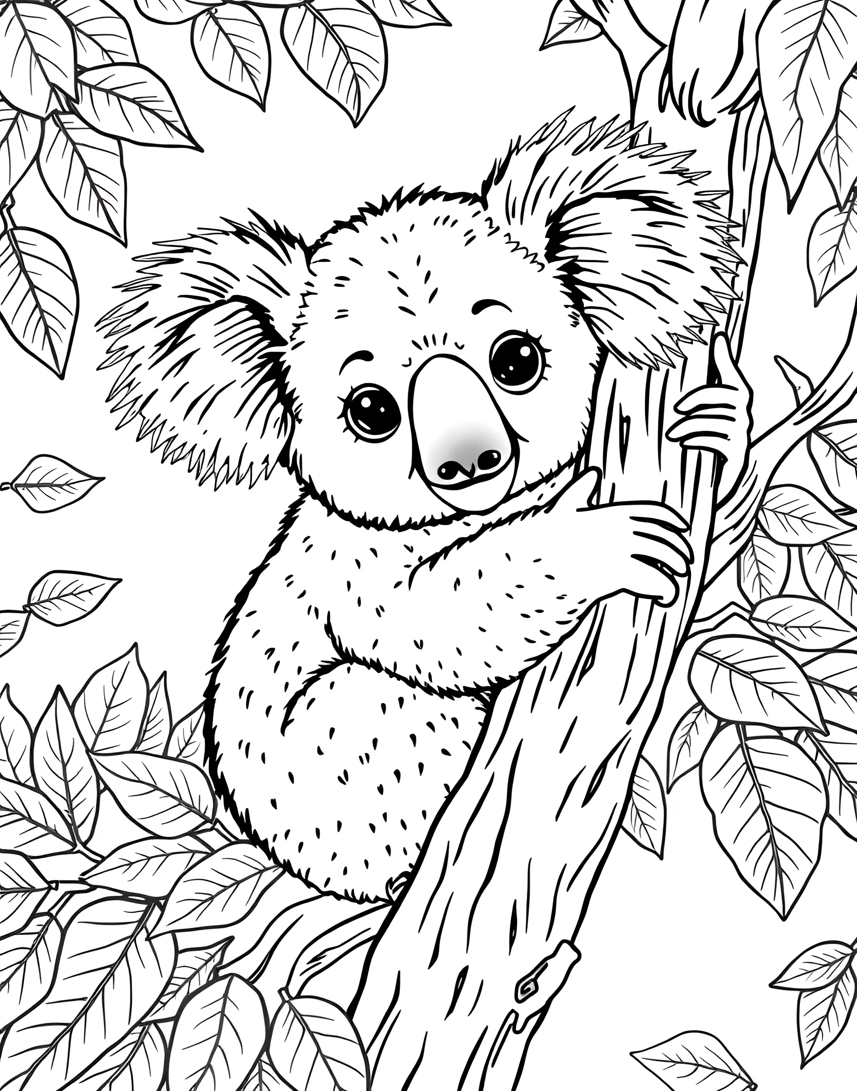 Koala Bear in Eucalyptus Tree Coloring Page -- prompt: "A koala bear clinging to a eucalyptus tree branch, surrounded by leaves." -- While not technically a bear, the beloved koala takes center stage in this charming coloring page. The koala is shown clinging to a eucalyptus branch, surrounded by the distinctive leaves of its favorite tree. This page offers a great opportunity to learn about different marsupials and their unique characteristics.