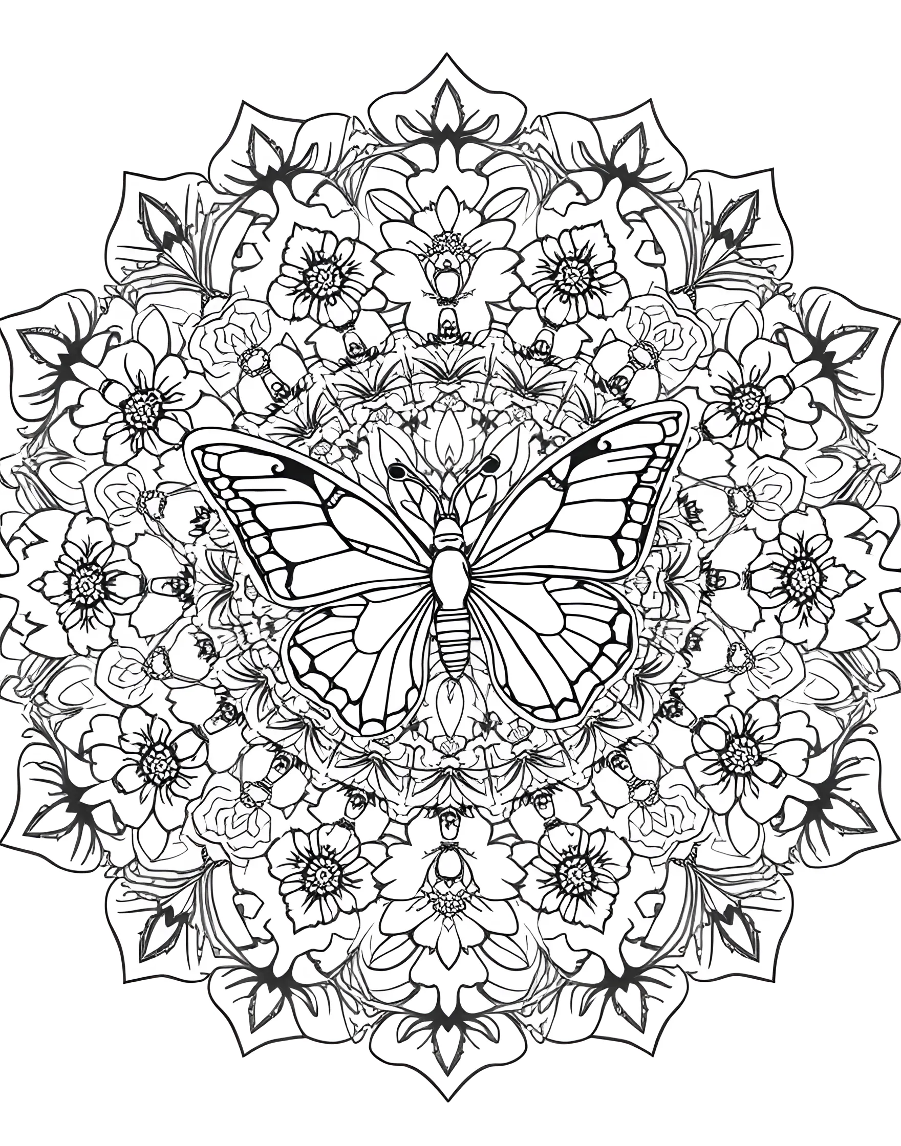 Butterfly Metamorphosis Mandala Coloring Page -- prompt: "A mandala depicting the stages of butterfly metamorphosis, from caterpillar at the center to butterfly at the outer edges, surrounded by floral patterns." -- Witness the beauty of transformation with this butterfly-themed mandala. The design progresses from caterpillar to chrysalis to butterfly as you move from the center outwards. Intricate wing patterns and floral elements make this page a joy to color.