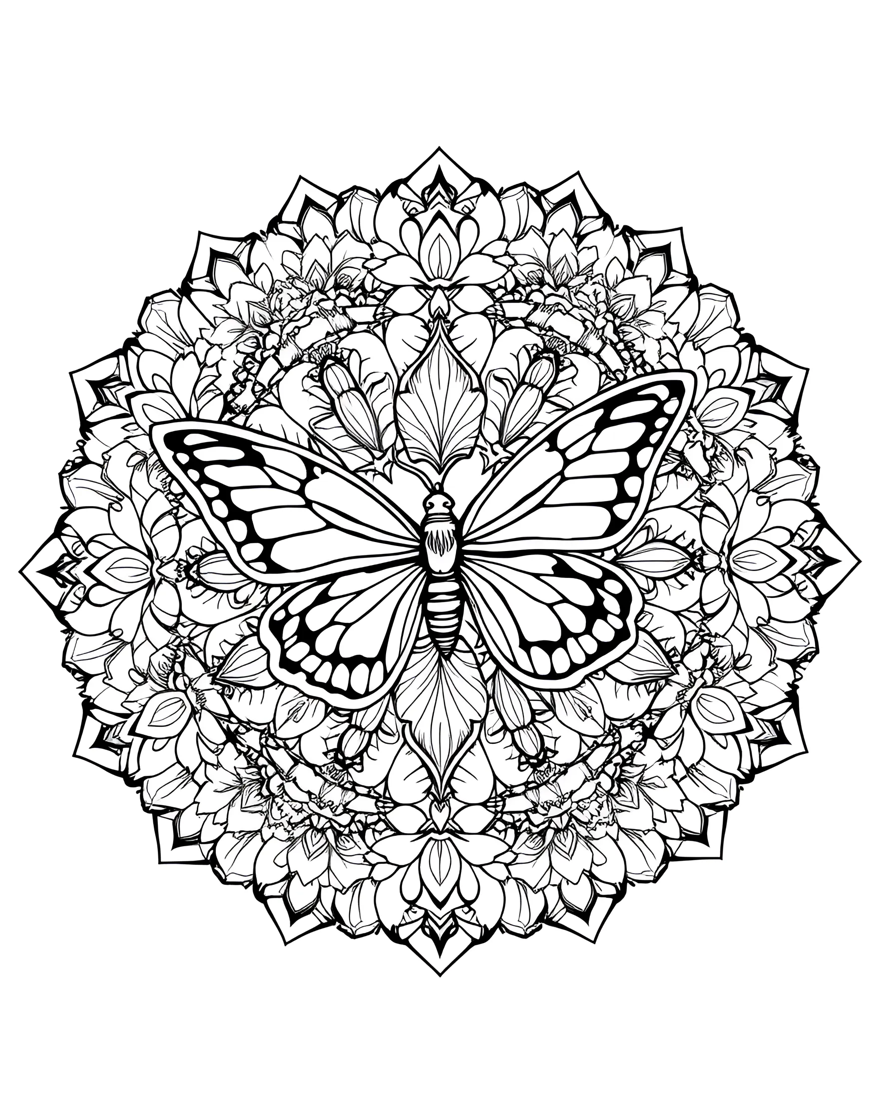 Butterfly Metamorphosis Mandala Coloring Page -- prompt: "A mandala depicting the stages of butterfly metamorphosis, from caterpillar at the center to butterfly at the outer edges, surrounded by floral patterns." -- Witness the beauty of transformation with this butterfly-themed mandala. The design progresses from caterpillar to chrysalis to butterfly as you move from the center outwards. Intricate wing patterns and floral elements make this page a joy to color.