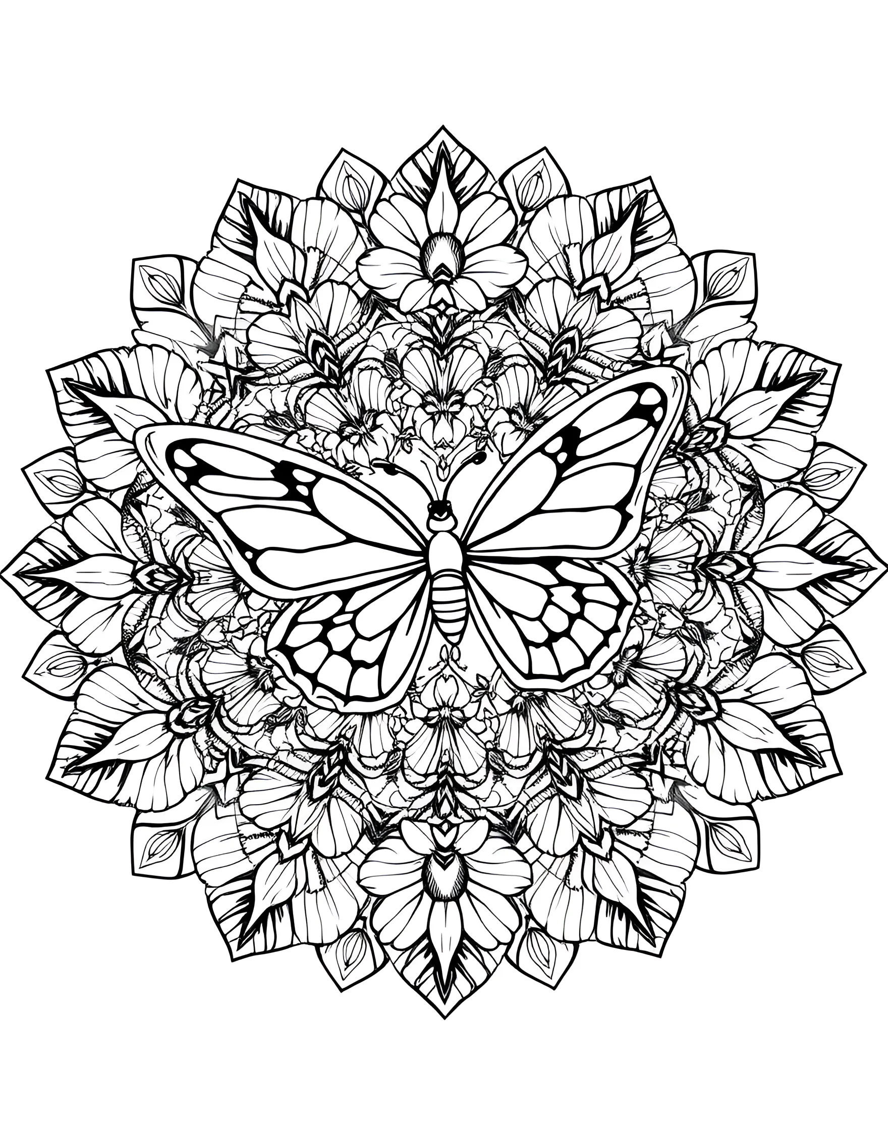 Butterfly Metamorphosis Mandala Coloring Page -- prompt: "A mandala depicting the stages of butterfly metamorphosis, from caterpillar at the center to butterfly at the outer edges, surrounded by floral patterns." -- Witness the beauty of transformation with this butterfly-themed mandala. The design progresses from caterpillar to chrysalis to butterfly as you move from the center outwards. Intricate wing patterns and floral elements make this page a joy to color.