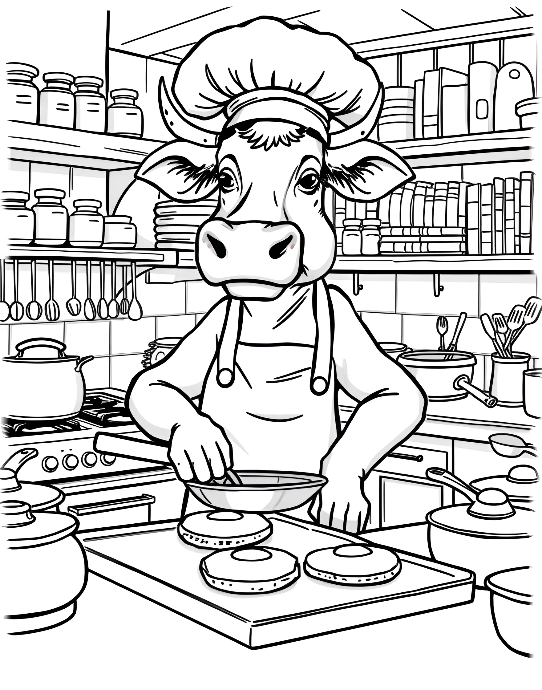 Cow Chef in the Kitchen Coloring Page -- prompt: "A cow dressed as a chef cooking in a kitchen with pots, pans, and utensils." -- Cook up some fun with this amusing cow chef coloring page. The scene shows a cow wearing a chef's hat and apron, stirring a big pot in a busy kitchen. This page is great for aspiring young chefs and those who love imaginative animal scenarios.