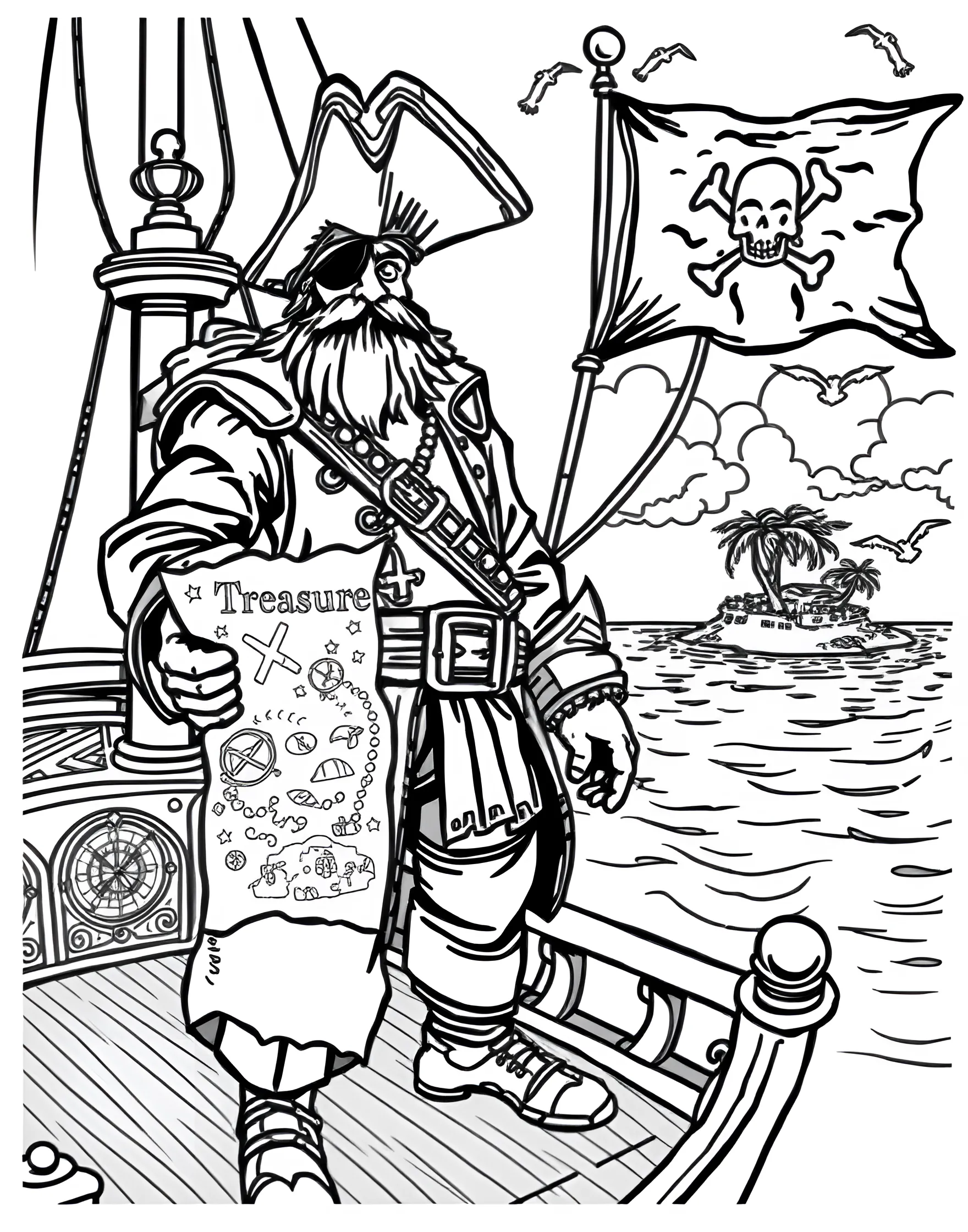 Pirate Treasure Hunt Coloring Page -- prompt: "A pirate captain on his ship, holding a treasure map with an island in the distance." -- Embark on a swashbuckling adventure with this pirate treasure hunt coloring page. A brave pirate captain stands on his ship, map in hand, ready to seek out hidden treasures. This page sparks imagination and allows boys to dream up their own pirate tales as they color.