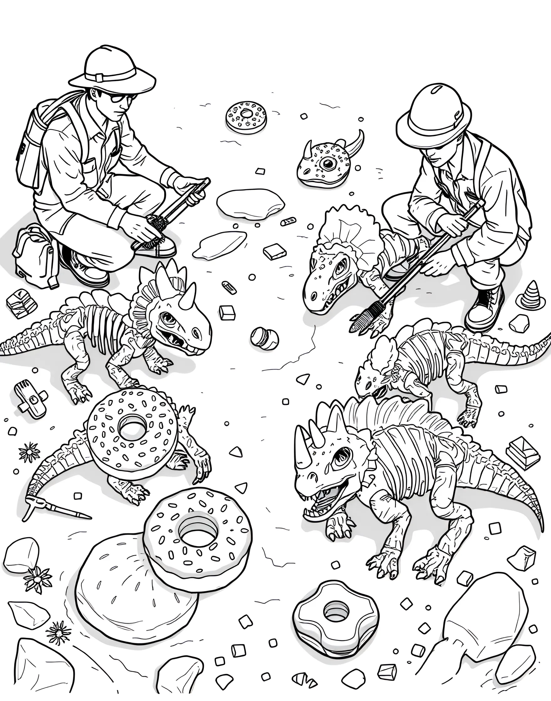 Donut Dinosaur Fossil Dig Coloring Page -- prompt: "Paleontologists digging up fossilized donut dinosaurs at an excavation site." -- Unearth prehistoric treats with this donut dinosaur fossil dig coloring page. The scene shows paleontologists excavating fossilized donut dinosaurs from layers of rocky strata. It's a unique page that blends scientific discovery with imaginative confectionery.