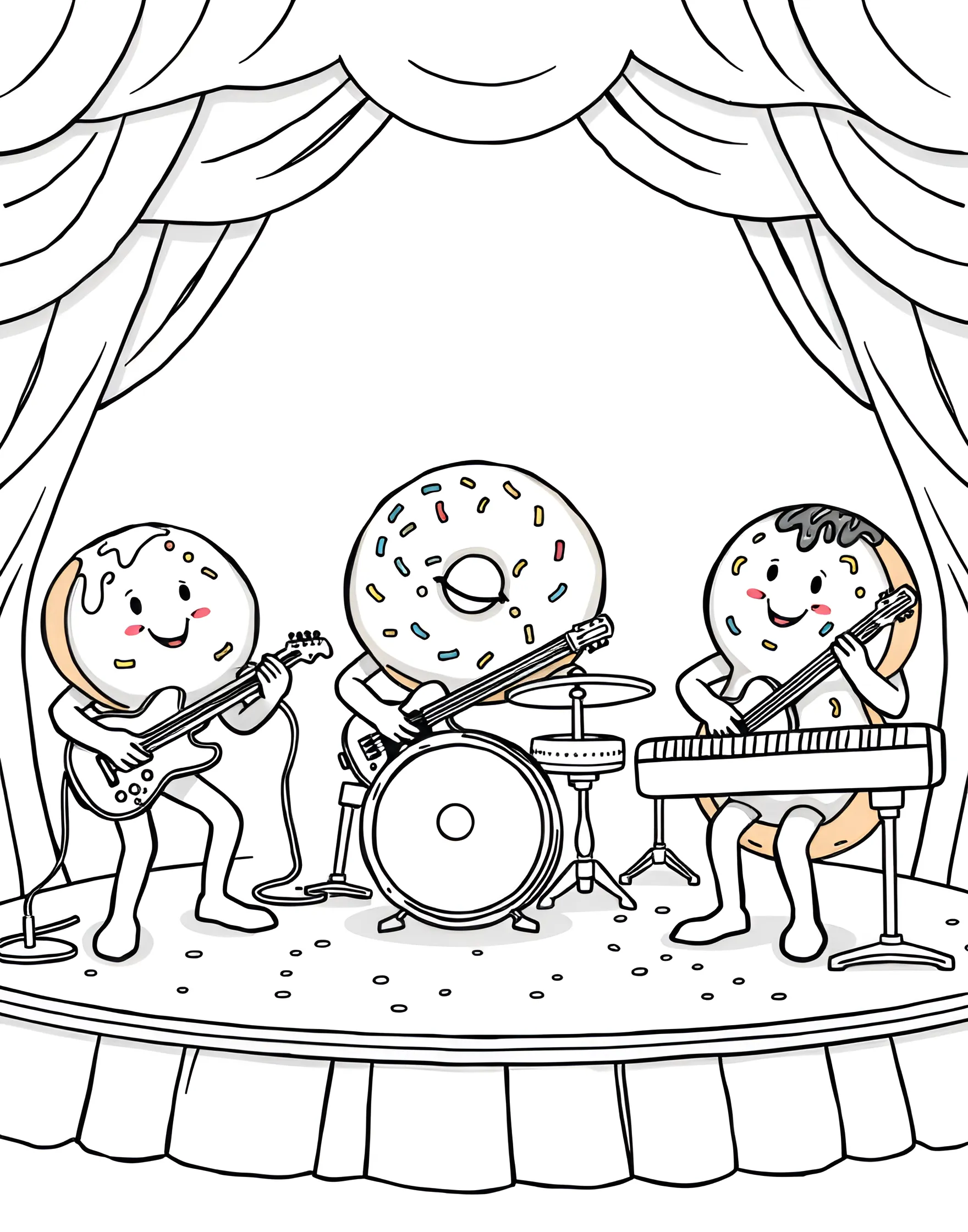 Donut Music Festival Coloring Page -- prompt: "A music festival stage with donut musicians playing instruments made of pastry." -- Rock out with this donut music festival coloring page. The scene shows a concert stage with donut band members playing instruments made of pastry parts. It's a lively page that combines the excitement of live music with the fun of donuts.