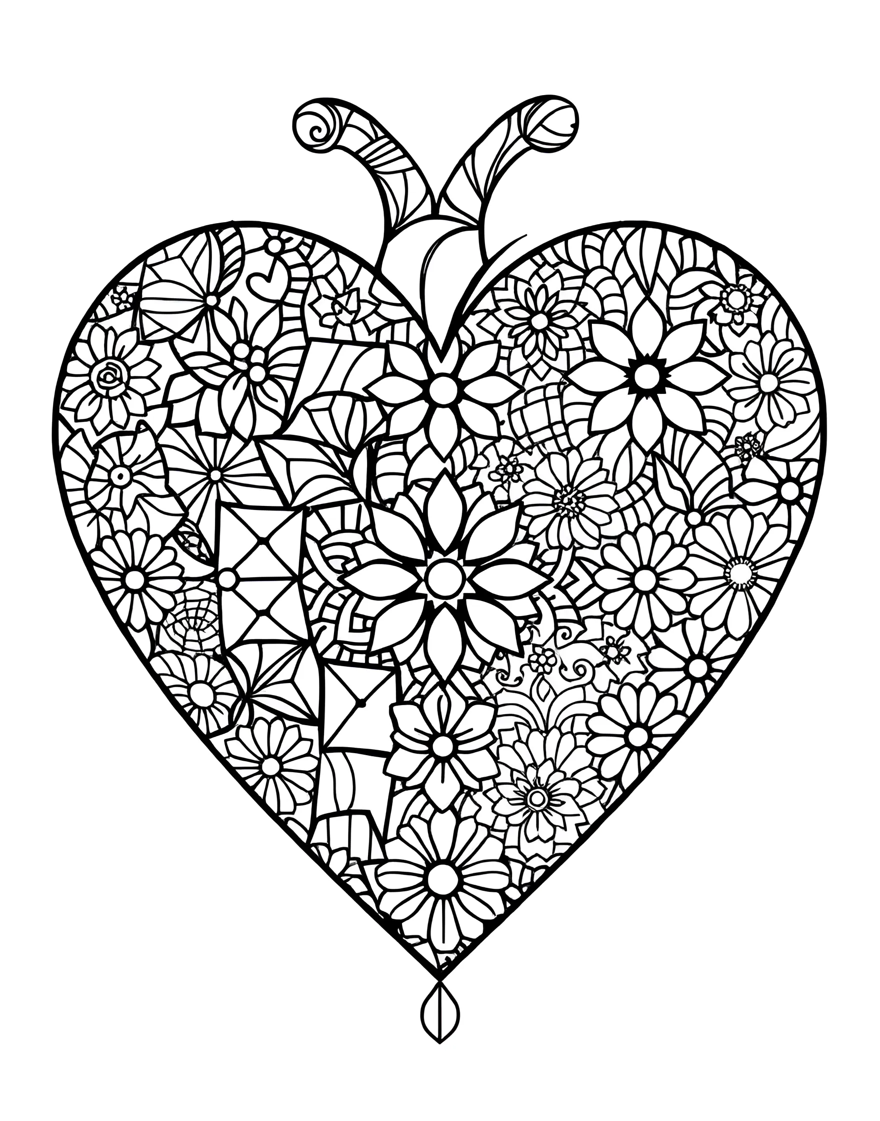 Mosaic Tile Heart Coloring Page -- prompt: "A heart made up of various mosaic tile patterns, including geometric and floral designs." -- This vibrant coloring page presents a heart composed of various mosaic tile patterns. Each section of the heart features a different geometric or floral mosaic design, creating a rich, textured appearance. This page is perfect for those who enjoy the intricacy of mosaic art and the challenge of coloring small, detailed spaces.