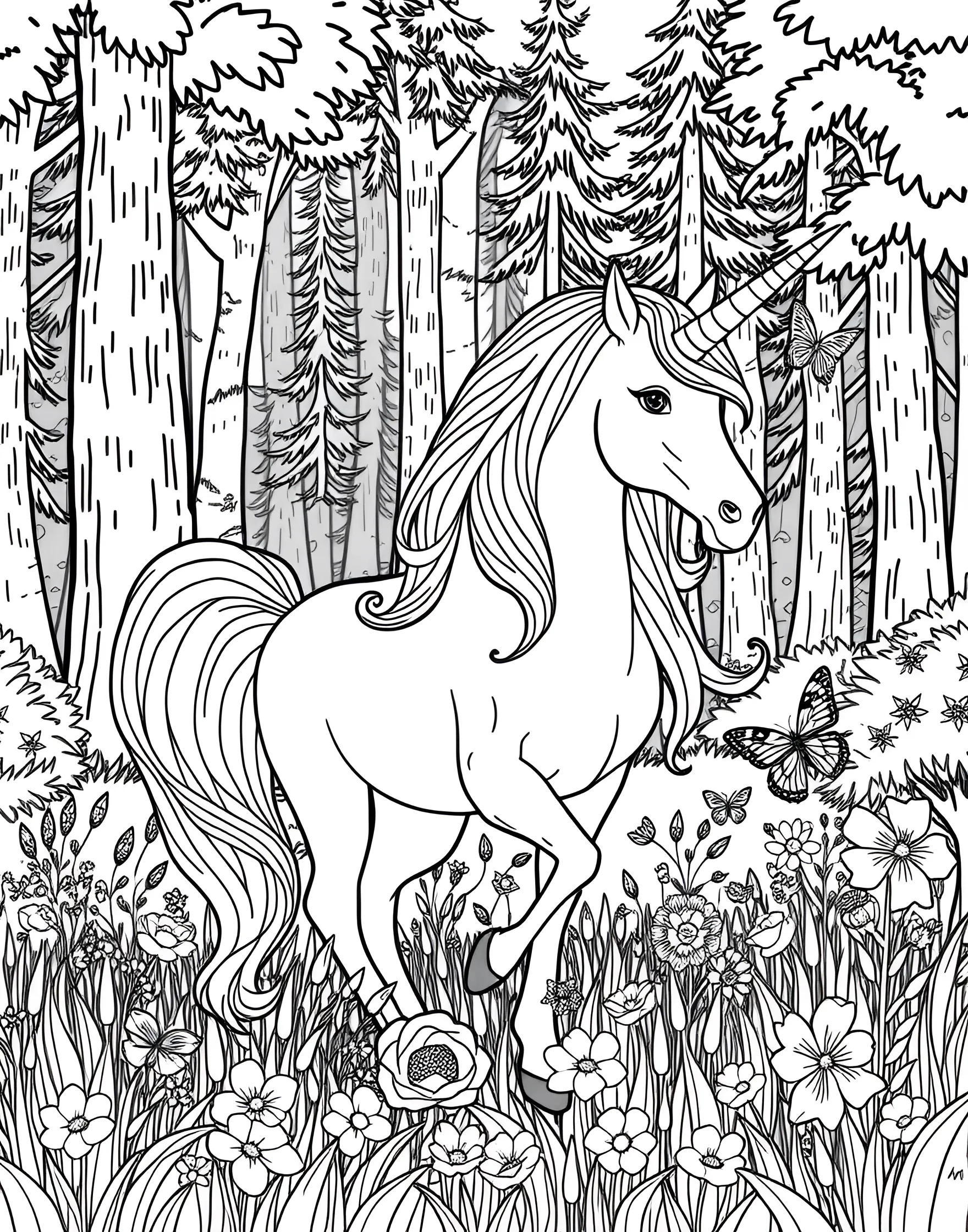 Unicorn in a Field of Flowers Coloring Page -- prompt: "A unicorn standing in a field filled with a variety of blooming flowers." -- Celebrate the beauty of nature with this serene coloring page of a unicorn in a blooming meadow. The unicorn stands amidst a sea of various flowers, from daisies to sunflowers. This page is ideal for those who appreciate floral designs and peaceful scenes.