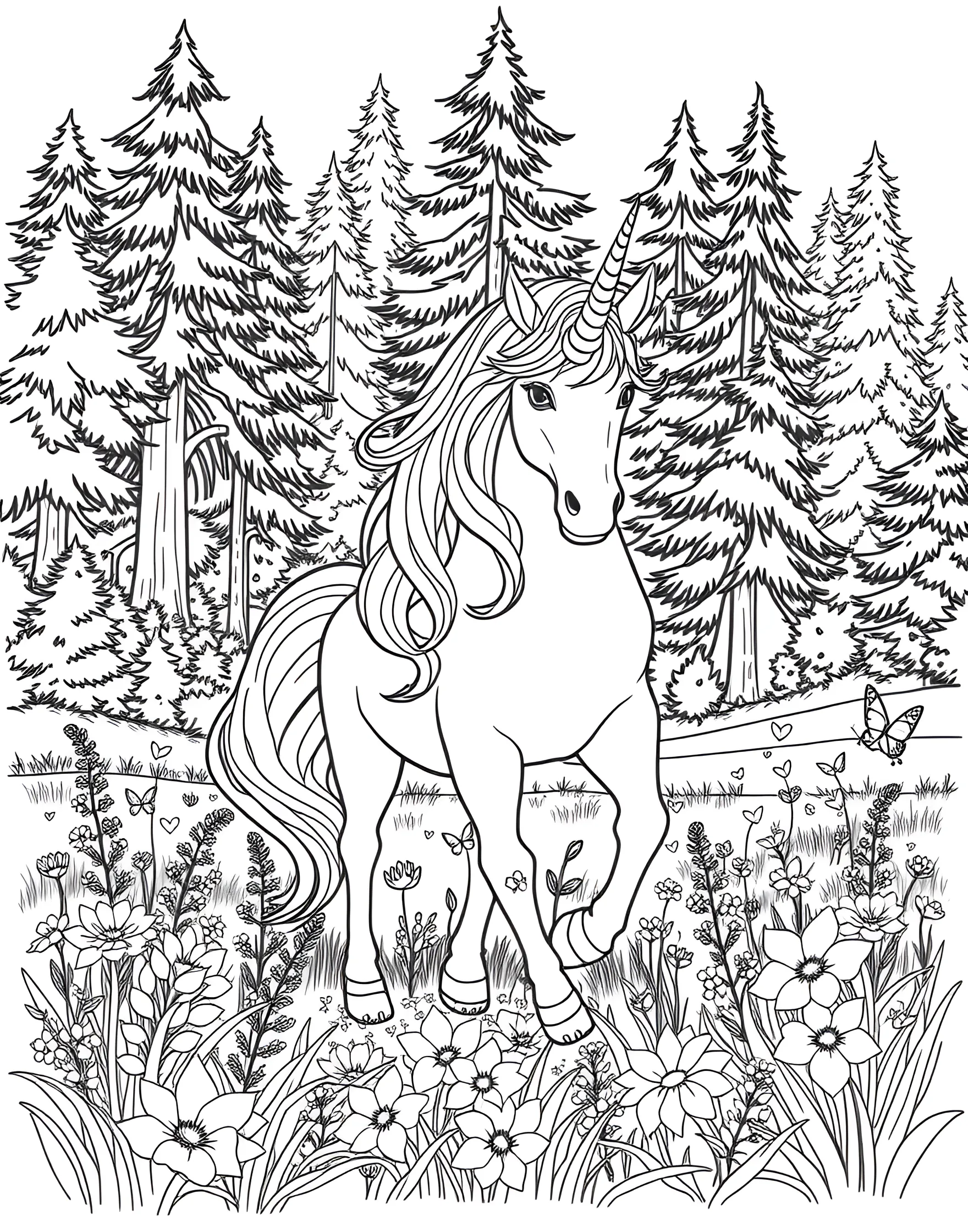 Unicorn in a Field of Flowers Coloring Page -- prompt: "A unicorn standing in a field filled with a variety of blooming flowers." -- Celebrate the beauty of nature with this serene coloring page of a unicorn in a blooming meadow. The unicorn stands amidst a sea of various flowers, from daisies to sunflowers. This page is ideal for those who appreciate floral designs and peaceful scenes.