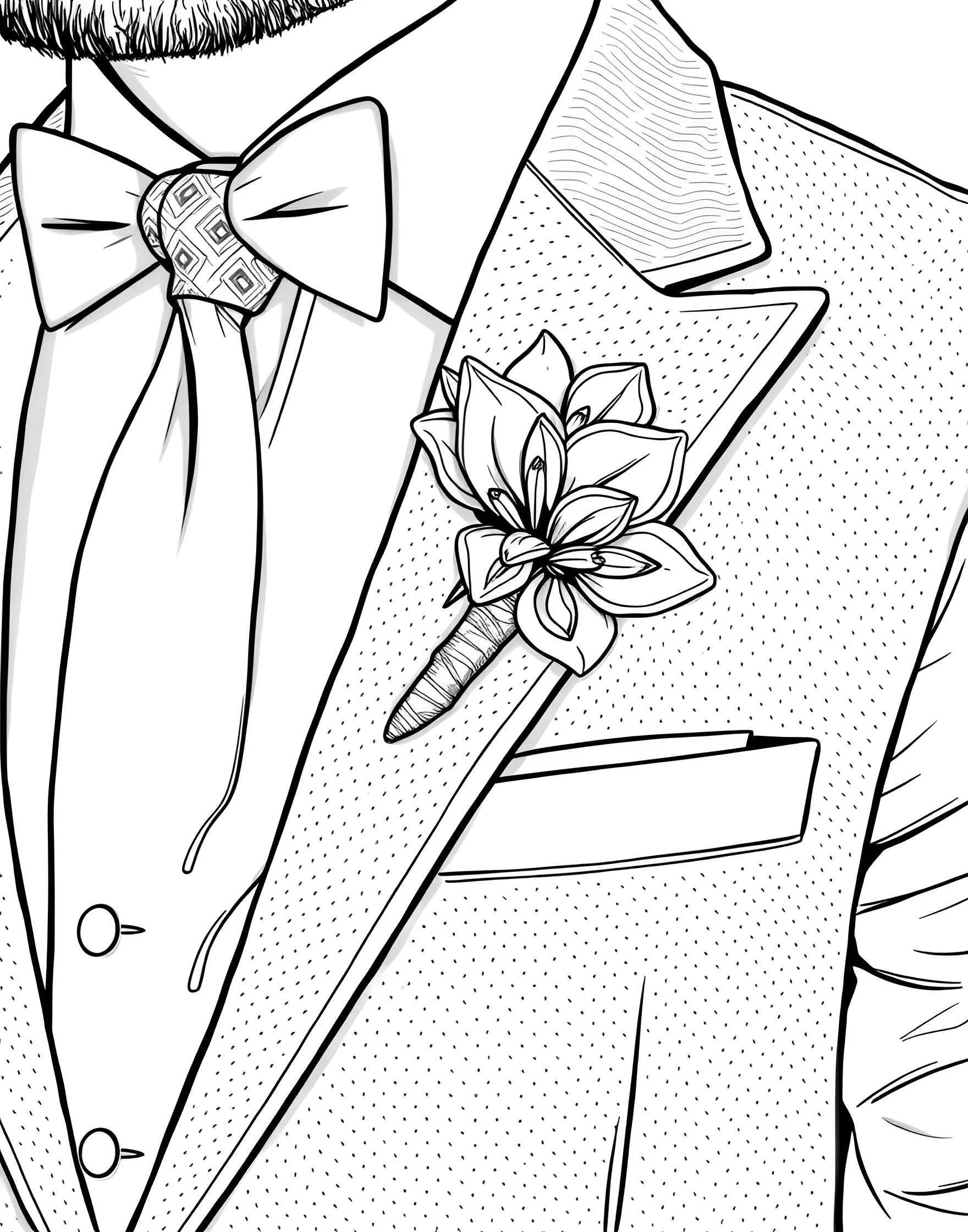 Groom's Dapper Suit Coloring Page -- prompt: "A close-up of a groom's well-tailored suit, complete with a boutonnière and tie." -- This coloring page showcases a handsome groom's suit in all its finery. From the crisp lines of the jacket to the subtle texture of the vest, every detail is captured. A boutonnière adds a touch of elegance, perfect for experimenting with different color schemes.