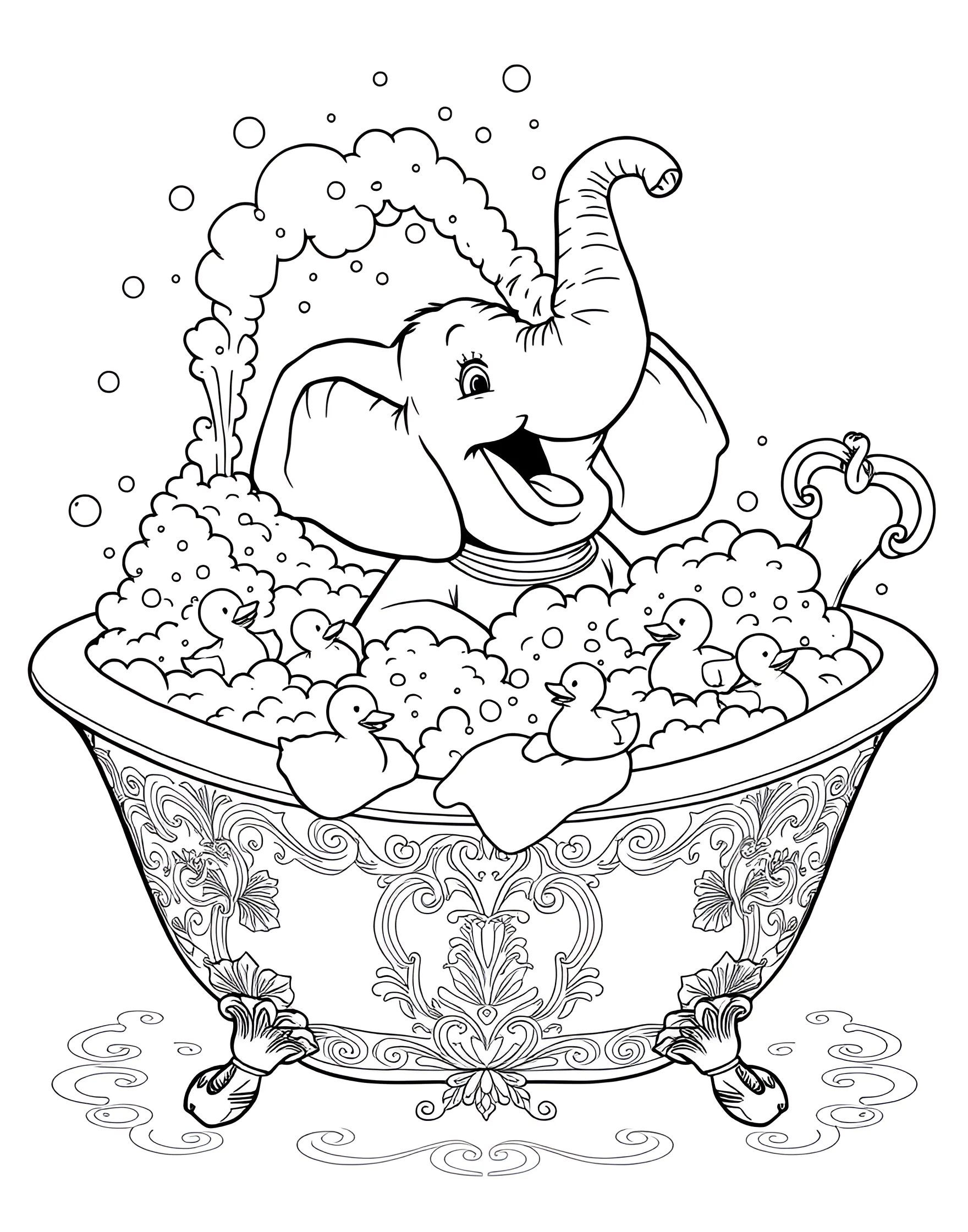 Elephant's Bubble Bath Bonanza Coloring Page -- prompt: "An elephant in a large bathtub filled with bubbles, using its trunk as a shower and surrounded by rubber ducks." -- Get ready for some sudsy fun with this playful coloring page! An elephant is having a blast in a giant bathtub, surrounded by bubbles and rubber ducks. Its trunk acts as a natural shower, adding to the watery chaos. This page is sure to bring smiles and giggles.