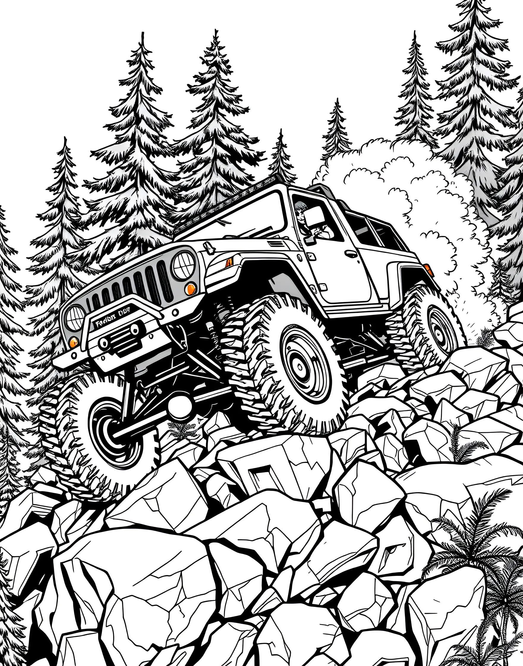 Off-Road Adventure Truck Coloring Page -- prompt: "An off-road truck climbing a steep, rocky hill in a forest setting." -- Get ready for some rugged action with this Off-Road Adventure Truck coloring page! The tough 4x4 truck is shown conquering a challenging terrain, complete with big tires and a snorkel exhaust. Kids can unleash their creativity by adding mud splatters and choosing colors that blend with nature or stand out boldly against the wilderness backdrop.