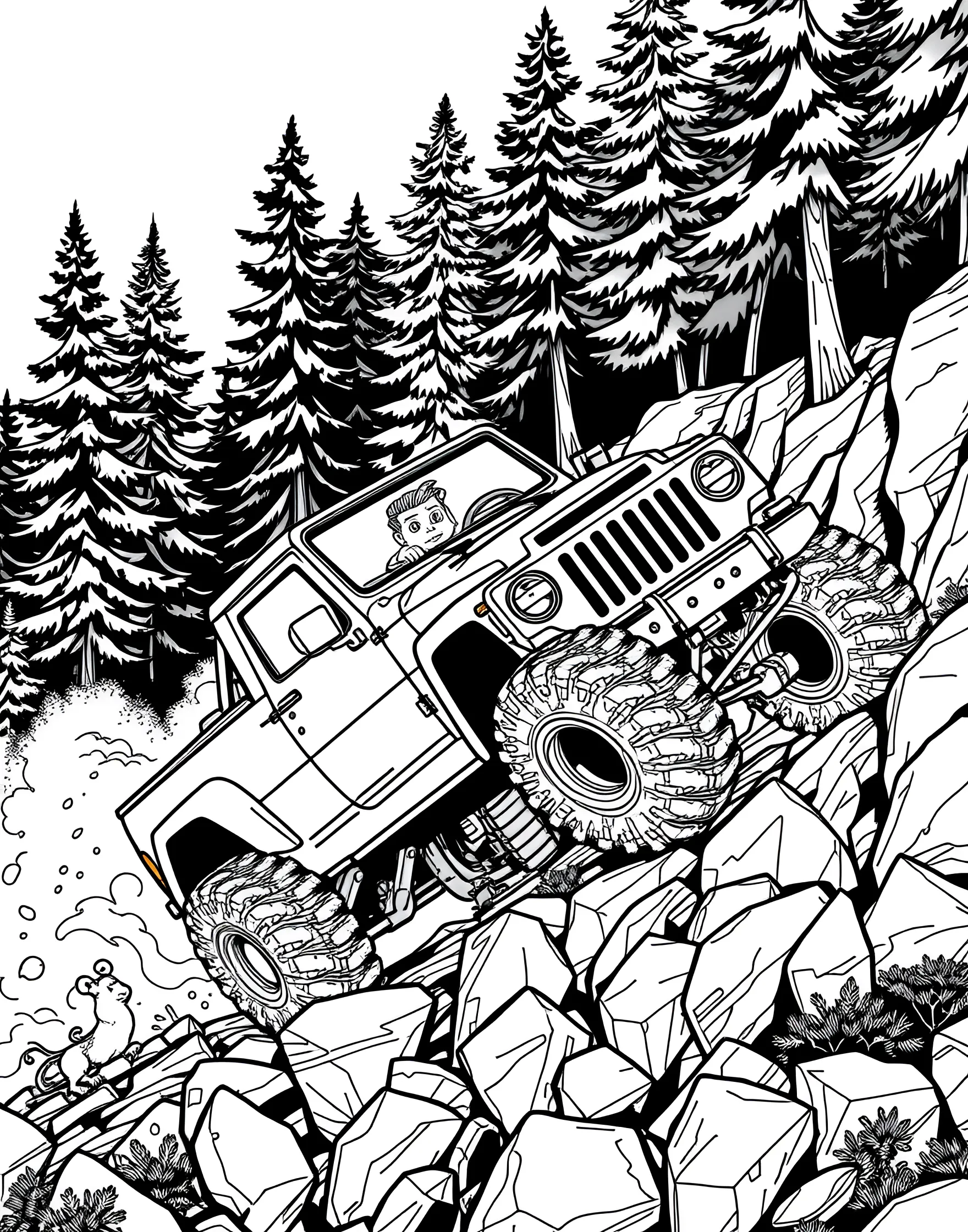 Off-Road Adventure Truck Coloring Page -- prompt: "An off-road truck climbing a steep, rocky hill in a forest setting." -- Get ready for some rugged action with this Off-Road Adventure Truck coloring page! The tough 4x4 truck is shown conquering a challenging terrain, complete with big tires and a snorkel exhaust. Kids can unleash their creativity by adding mud splatters and choosing colors that blend with nature or stand out boldly against the wilderness backdrop.