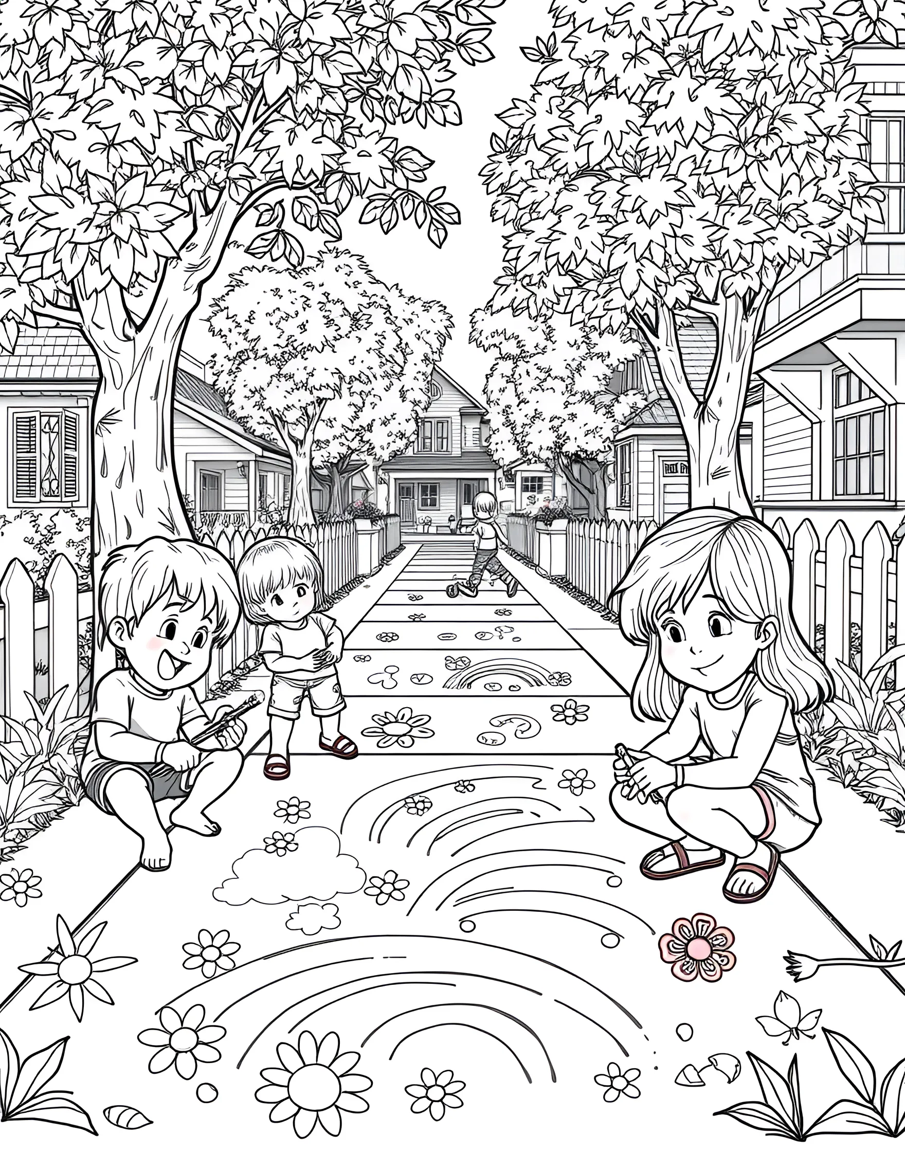 Summery Sidewalk Chalk Art Coloring Page -- prompt: "Children creating colorful sidewalk chalk art in a leafy neighborhood." -- Let creativity bloom with this colorful sidewalk chalk scene. Children draw elaborate designs and pictures on a neighborhood sidewalk, surrounded by flowers and trees. This page celebrates the simple joys of outdoor art and expression.