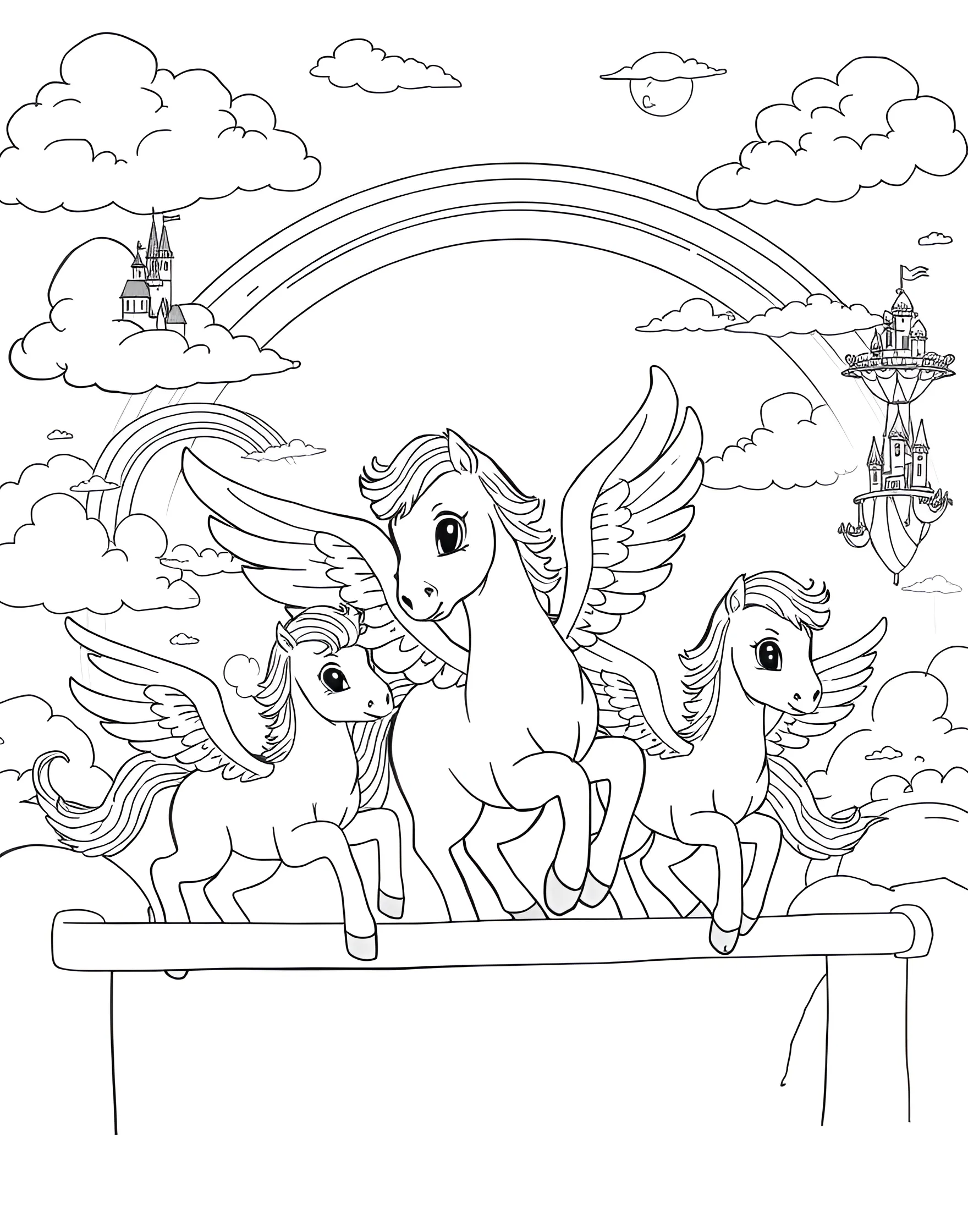 Magical Pegasus Flying School Coloring Page -- prompt: "Young pegasus foals learning to fly with adult pegasi instructors among clouds and rainbows." -- Soar into the clouds with this enchanting coloring page depicting a magical pegasus flying school. Young pegasus foals learn to spread their wings and fly, guided by gentle adult pegasi instructors. Set against a backdrop of fluffy clouds and a rainbow-streaked sky, this page captures the wonder of flight and the beauty of these mythical creatures.