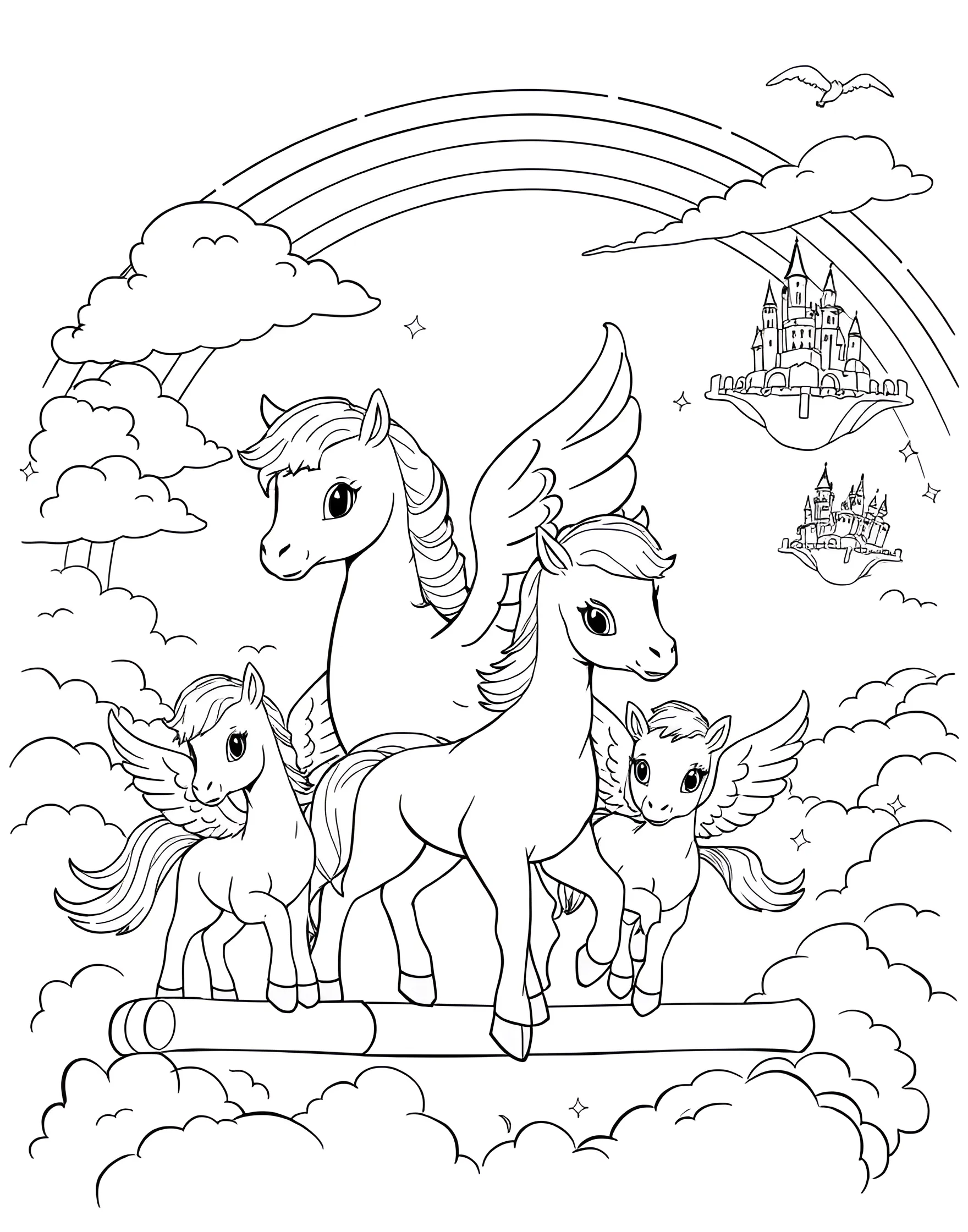 Magical Pegasus Flying School Coloring Page -- prompt: "Young pegasus foals learning to fly with adult pegasi instructors among clouds and rainbows." -- Soar into the clouds with this enchanting coloring page depicting a magical pegasus flying school. Young pegasus foals learn to spread their wings and fly, guided by gentle adult pegasi instructors. Set against a backdrop of fluffy clouds and a rainbow-streaked sky, this page captures the wonder of flight and the beauty of these mythical creatures.