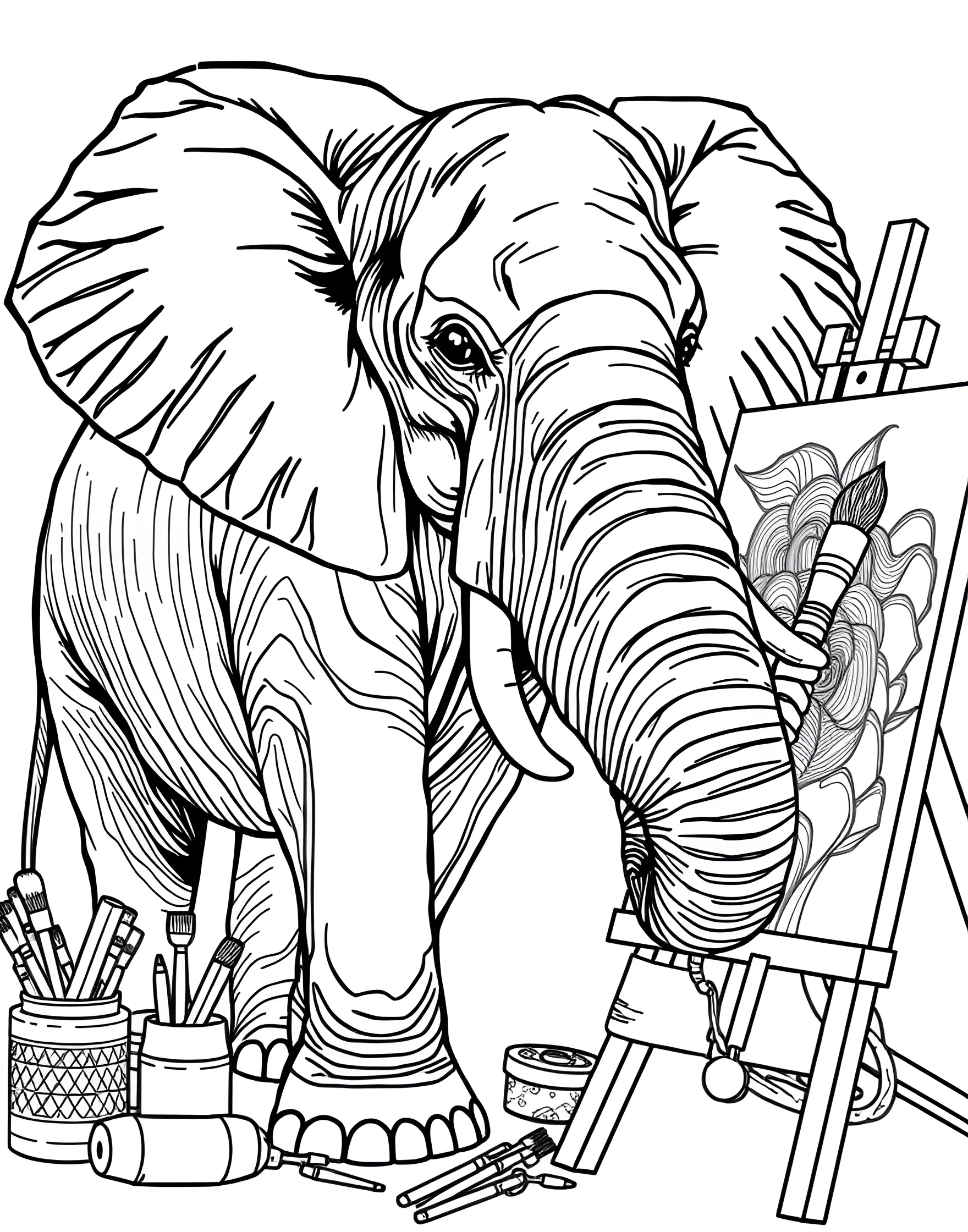 Elephant's Trunk-tastic Tricks Coloring Page -- prompt: "An elephant holding a paintbrush with its trunk, creating a colorful painting on an easel." -- This amusing coloring page showcases an elephant's incredible dexterity. The clever pachyderm is shown using its versatile trunk to paint a picture, demonstrating the amazing capabilities of this unique appendage. It's a fun way to learn about elephant anatomy and intelligence.