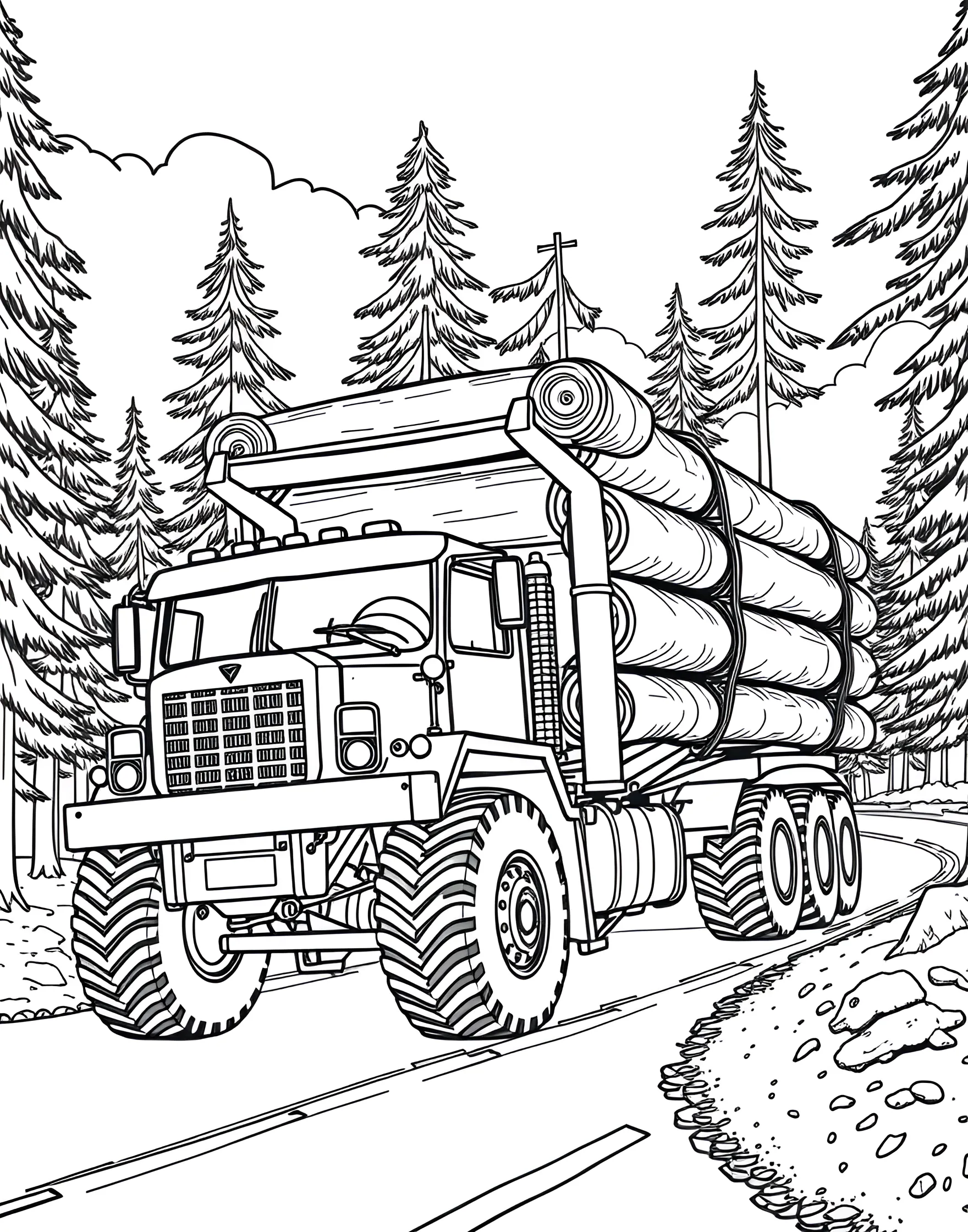 Logging Truck in the Forest Coloring Page -- prompt: "A fully loaded logging truck driving through a pine forest." -- Explore the world of forestry with this Logging Truck in the Forest coloring page! The powerful truck is shown loaded with freshly cut logs, making its way through a dense forest. This page offers a chance to discuss sustainable forestry practices and the importance of trees while enjoying some nature-inspired coloring.