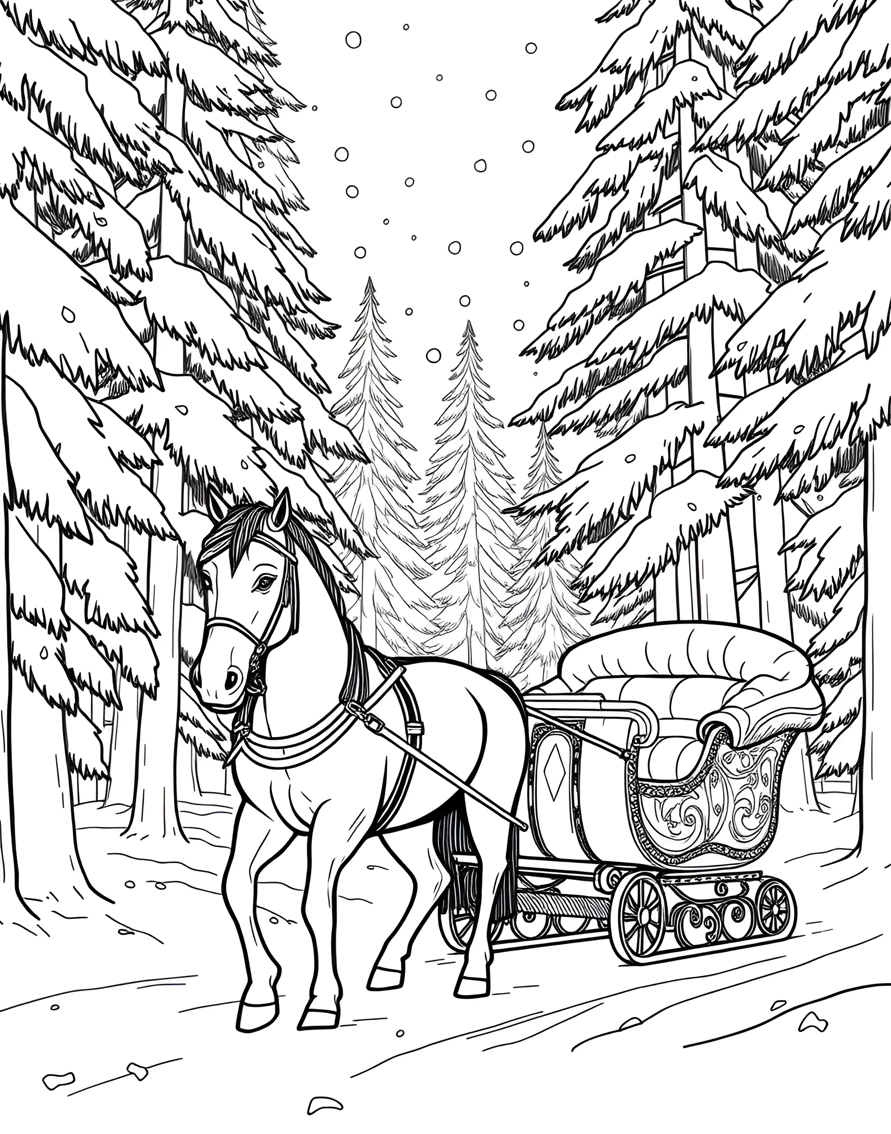 Horse-Drawn Sleigh in Winter Coloring Page -- prompt: "Two horses pulling a sleigh through a snowy forest with pine trees and falling snowflakes." -- Embrace the magic of winter with this charming horse-drawn sleigh coloring page. A pair of horses pull a festive sleigh through a snow-covered landscape, their breath visible in the cold air. Pine trees and falling snowflakes complete this idyllic winter scene, perfect for holiday coloring.