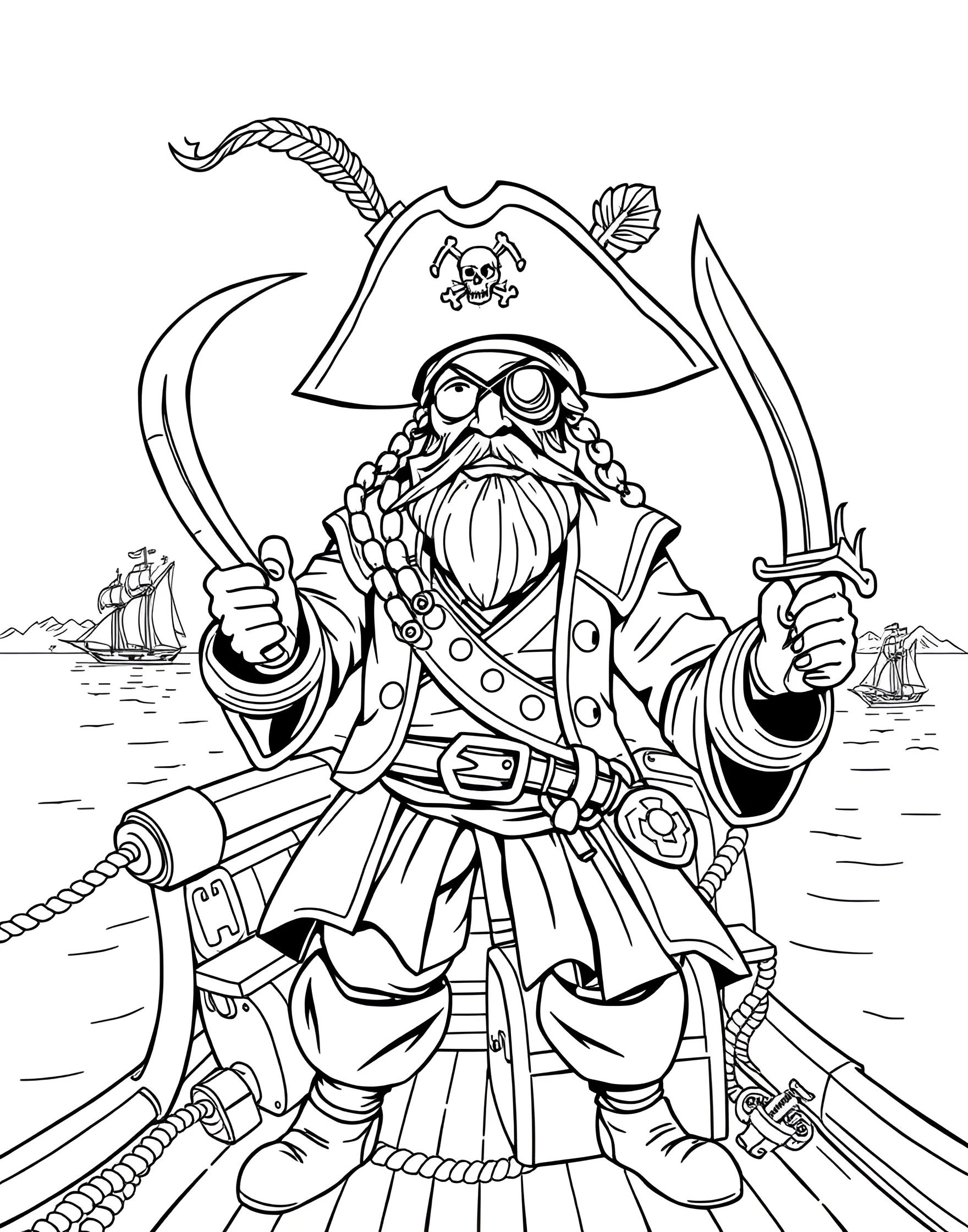 Swashbuckling Pirate Captain Coloring Page -- prompt: "A fierce pirate captain with an eye patch, tricorn hat, and cutlass drawn, standing on the deck of a ship." -- Meet the fearsome leader of the pirate crew in this captain coloring page. With his plumed hat, eye patch, and trusty cutlass, this pirate embodies the spirit of adventure. The detailed costume and facial features offer a fun coloring challenge.