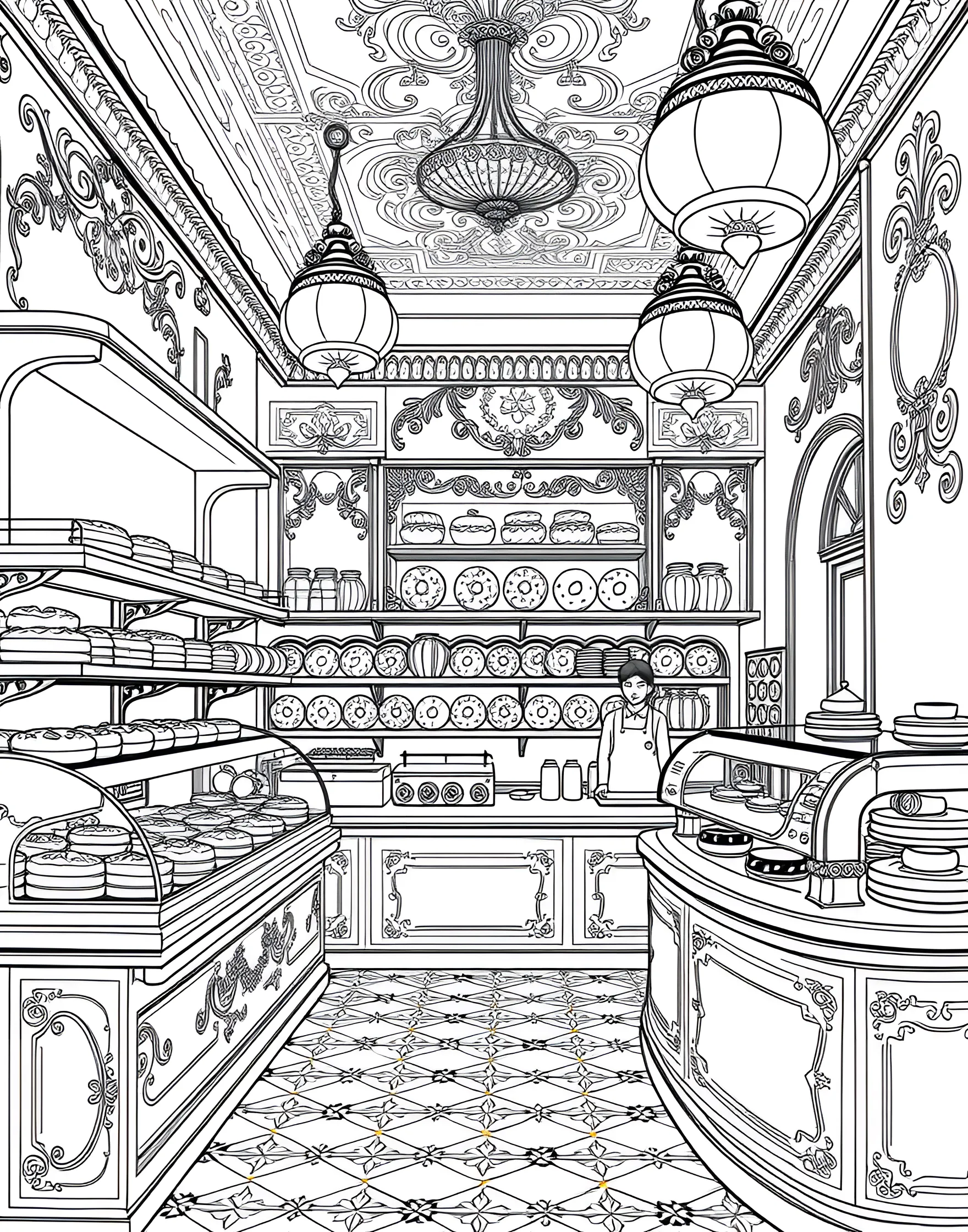 Donut Shop Delights Coloring Page -- prompt: "The interior of a donut shop with shelves displaying various types of donuts and a counter." -- Indulge your sweet tooth with this donut shop coloring page. Shelves filled with various types of donuts, from glazed to filled, create a tempting display. It's perfect for practicing different coloring techniques and exploring creative flavor combinations.