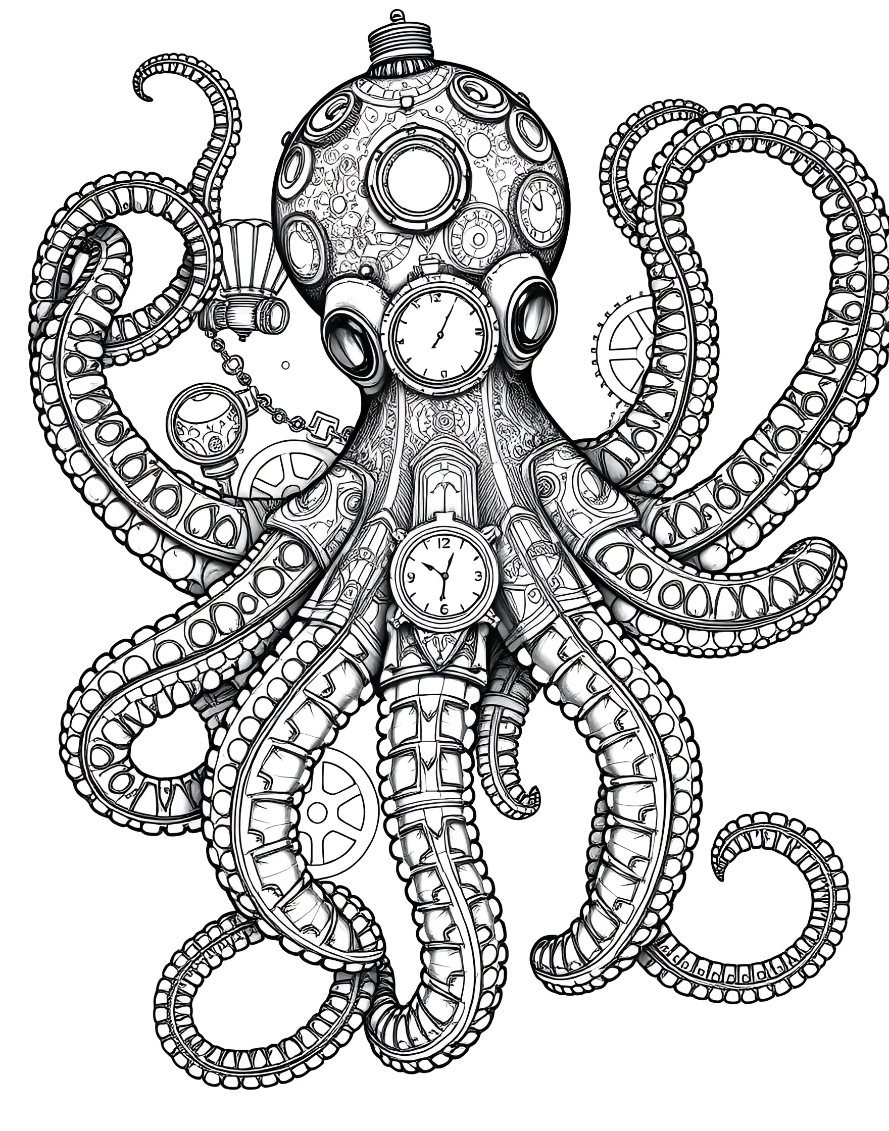 Steampunk Octopus Coloring Page -- prompt: "A steampunk-style octopus composed of mechanical parts, gears, and brass elements, designed for adult coloring." -- Dive into the depths of imagination with this steampunk-inspired octopus coloring page. Mechanical tentacles, gears, and brass elements combine to create a fantastic sea creature. The intricate details and unique concept provide an exciting coloring adventure for steampunk and ocean enthusiasts alike.