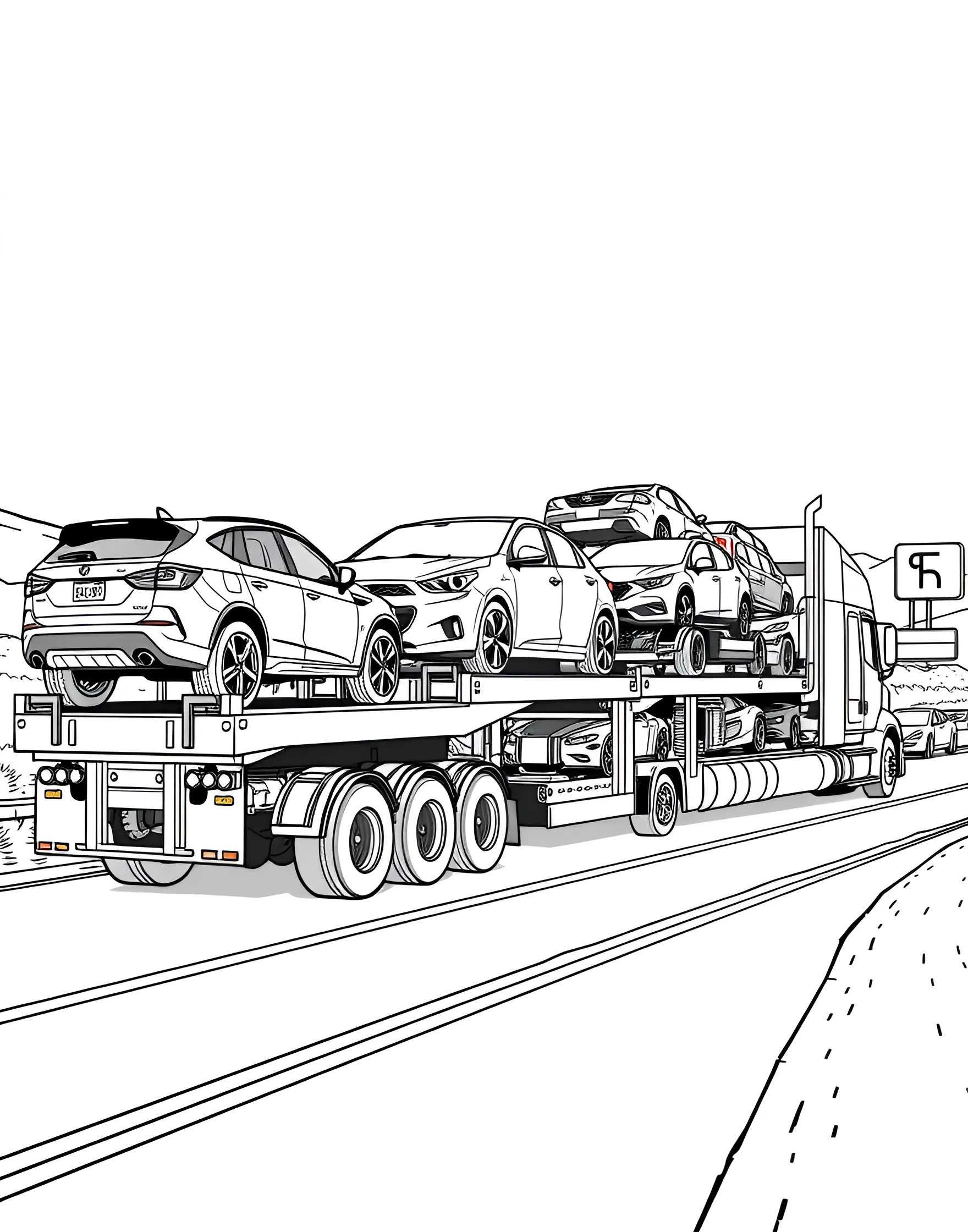 Car Carrier Truck Loaded with Vehicles Coloring Page -- prompt: "A car carrier truck fully loaded with different types of cars and SUVs on a highway." -- Explore the world of auto transport with this detailed coloring page showing a car carrier truck. The large truck is loaded with various cars and SUVs, secured and ready for delivery. It's a fascinating glimpse into how new cars reach dealerships and customers.