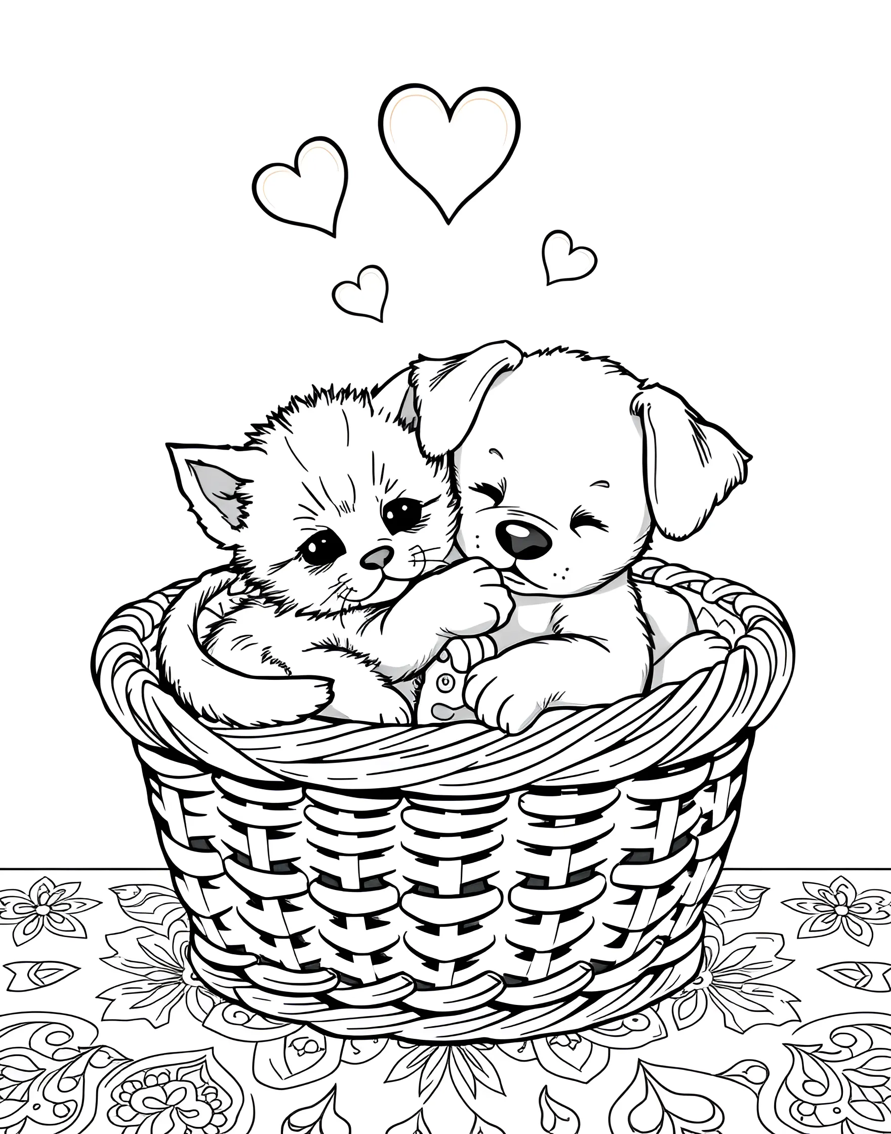 Kitten and Puppy Best Friends Coloring Page -- prompt: "A kitten and puppy cuddling together, looking happy and content." -- Celebrate unlikely friendships with this heartwarming coloring page featuring a kitten and puppy. The two are cuddled up together, demonstrating that love knows no boundaries. This sweet scene is perfect for teaching children about friendship and acceptance.