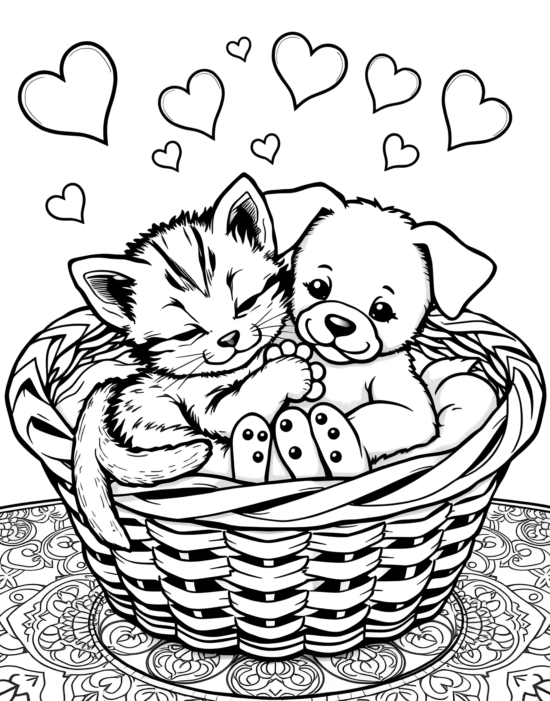 Kitten and Puppy Best Friends Coloring Page -- prompt: "A kitten and puppy cuddling together, looking happy and content." -- Celebrate unlikely friendships with this heartwarming coloring page featuring a kitten and puppy. The two are cuddled up together, demonstrating that love knows no boundaries. This sweet scene is perfect for teaching children about friendship and acceptance.