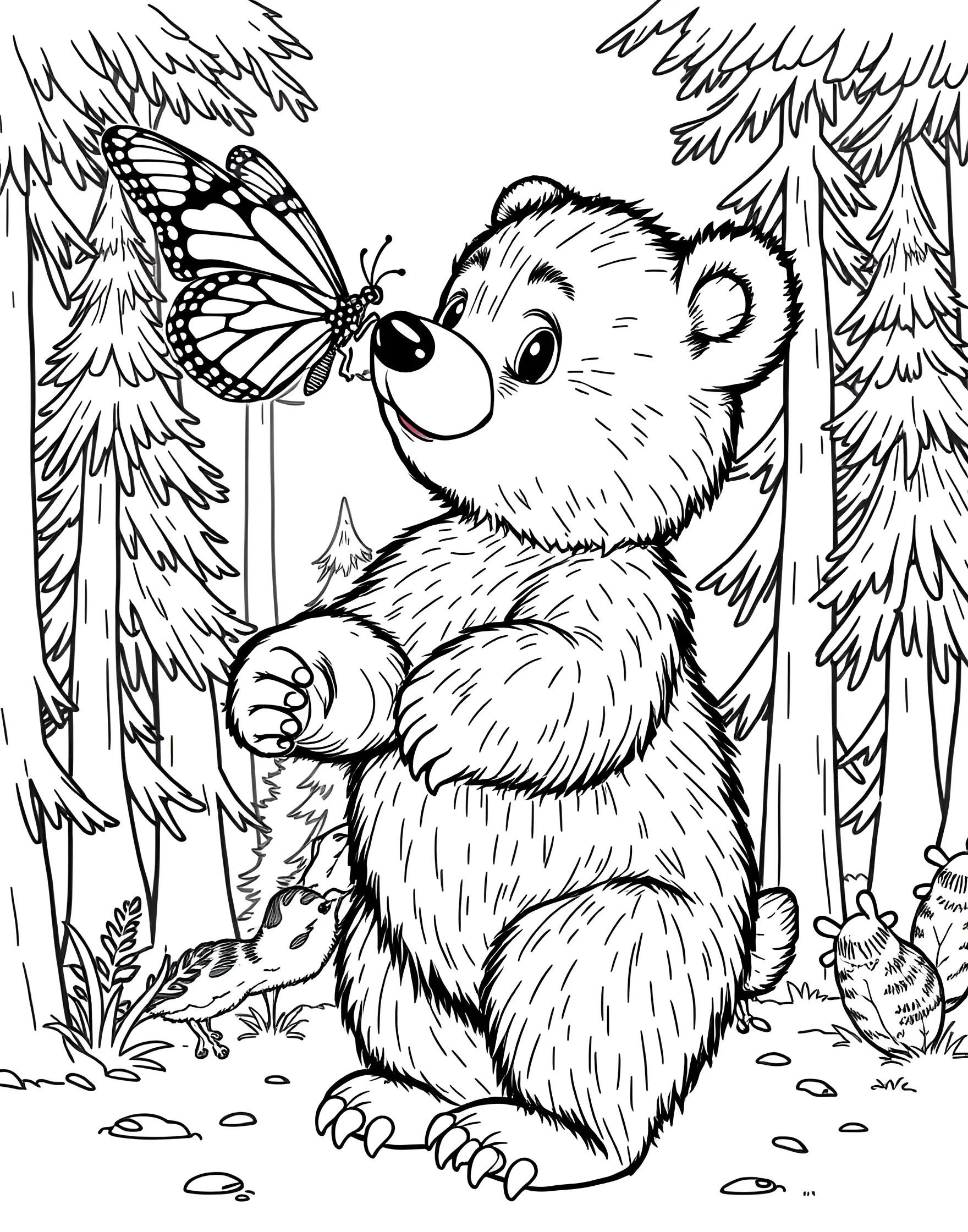 Bear Cub Playing with Butterfly Coloring Page -- prompt: "A bear cub reaching out to touch a butterfly landing on its nose." -- Capture the innocence and curiosity of youth with this adorable bear cub coloring page. The young bear is shown playfully interacting with a delicate butterfly, reaching out with wonder. This charming scene is sure to bring smiles and spark conversations about the natural world.