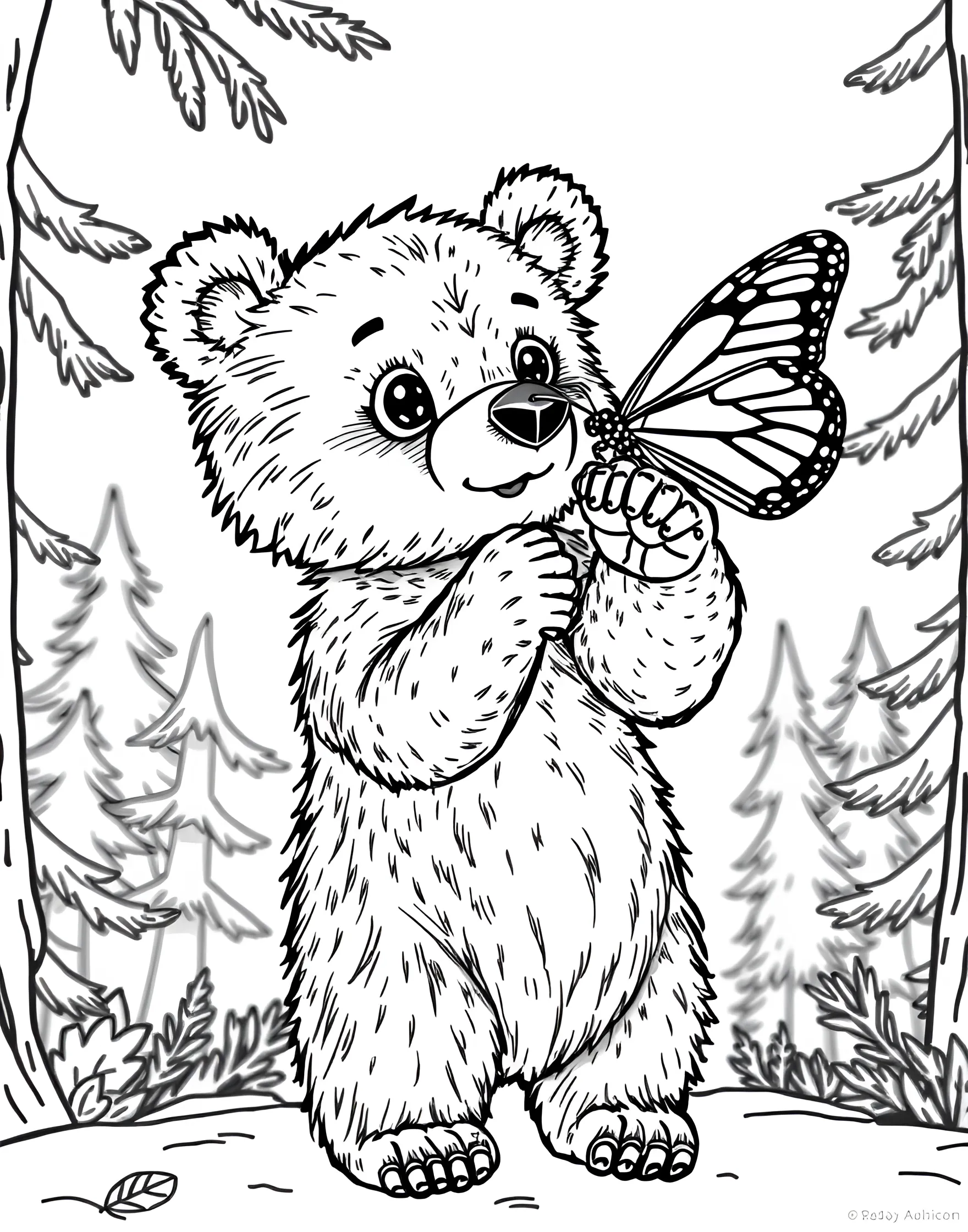 Bear Cub Playing with Butterfly Coloring Page -- prompt: "A bear cub reaching out to touch a butterfly landing on its nose." -- Capture the innocence and curiosity of youth with this adorable bear cub coloring page. The young bear is shown playfully interacting with a delicate butterfly, reaching out with wonder. This charming scene is sure to bring smiles and spark conversations about the natural world.