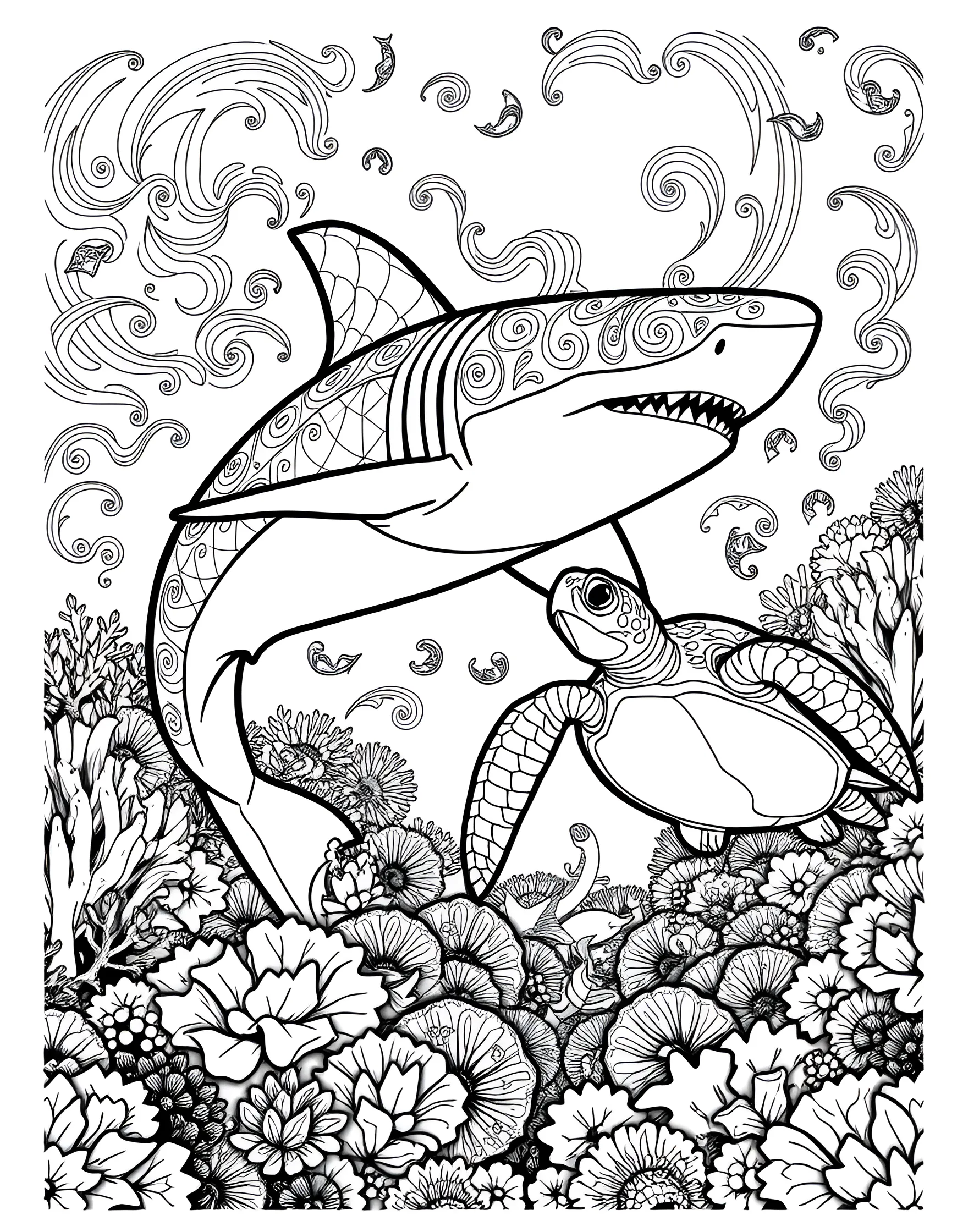 Shark and Sea Turtle Interaction Coloring Page -- prompt: "A shark and a sea turtle encountering each other in the open ocean, with a coral reef visible in the background." -- Observe the relationship between sharks and sea turtles in this intriguing coloring page. The design shows a shark and sea turtle crossing paths in the open ocean, highlighting the complex food web of marine ecosystems. It's a great opportunity to discuss ocean biodiversity and animal interactions.