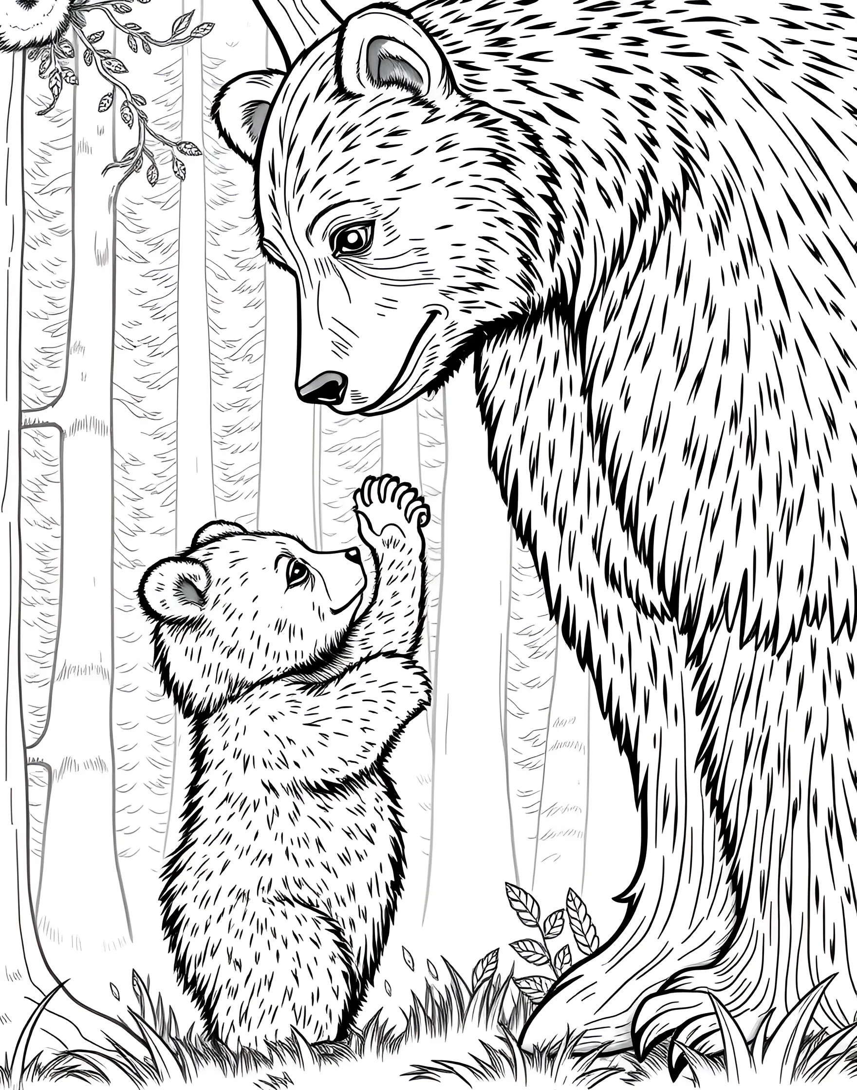 Bear Cub Learning to Climb Coloring Page -- prompt: "A bear cub trying to climb a tree trunk, with an adult bear watching nearby." -- Join a bear cub on its learning journey with this endearing coloring page. The young bear is shown attempting to climb its first tree, with its watchful parent nearby. This heartwarming scene captures the learning process in the animal kingdom and the protective nature of bear parents.