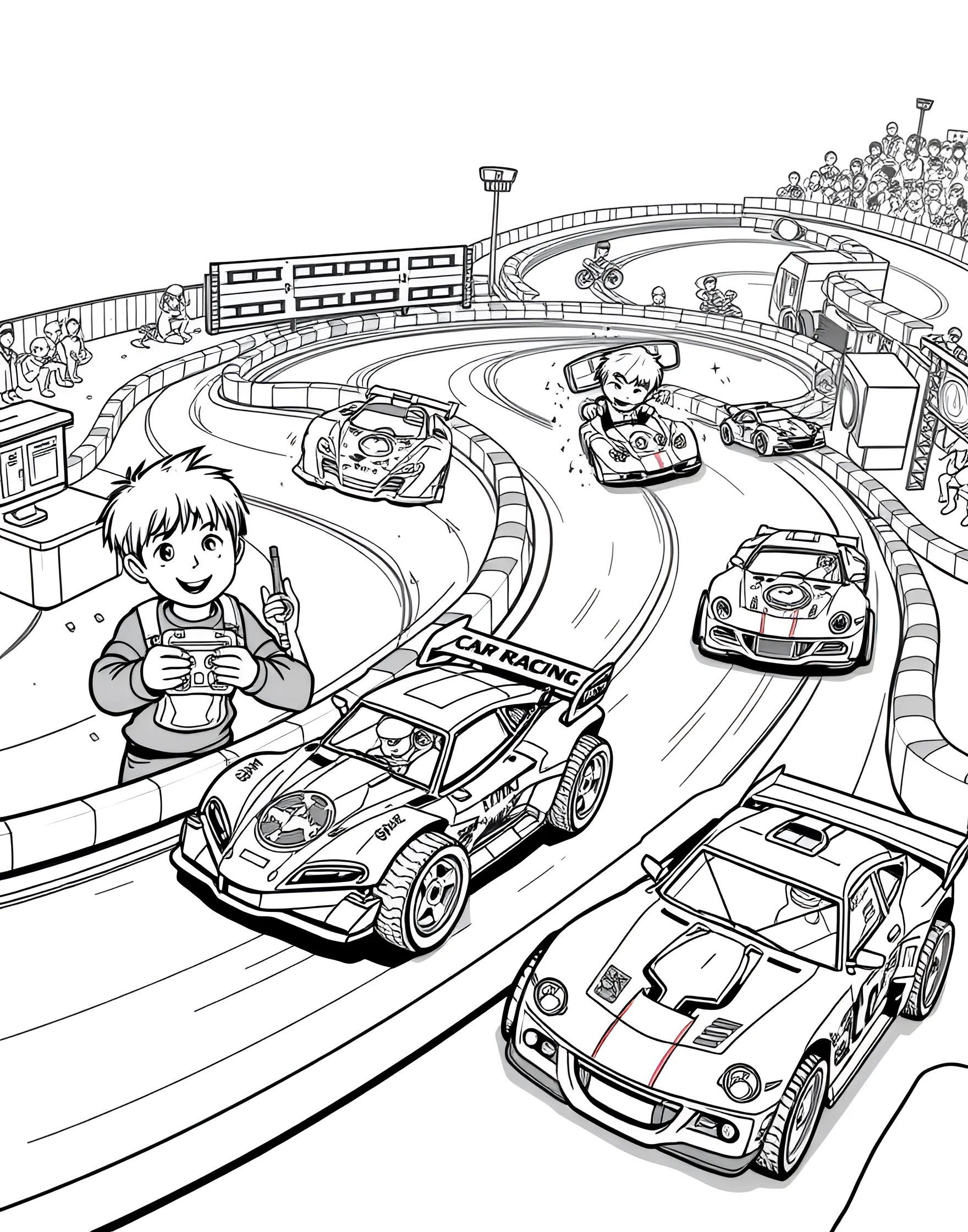 Remote Control Car Racing Coloring Page -- prompt: "Remote control cars racing on a small track with children controlling them from the sidelines." -- Experience the fun of miniature racing with this playful coloring page featuring remote control cars. The scene shows small, detailed RC cars zooming around a track, with their young controllers nearby. It's perfect for kids who love both cars and toys.